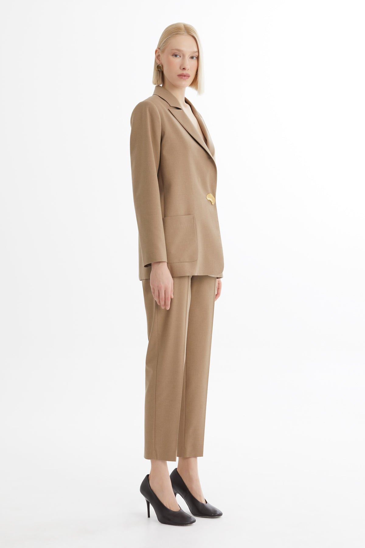 Beige Single-Button Blazer Trouser Set
