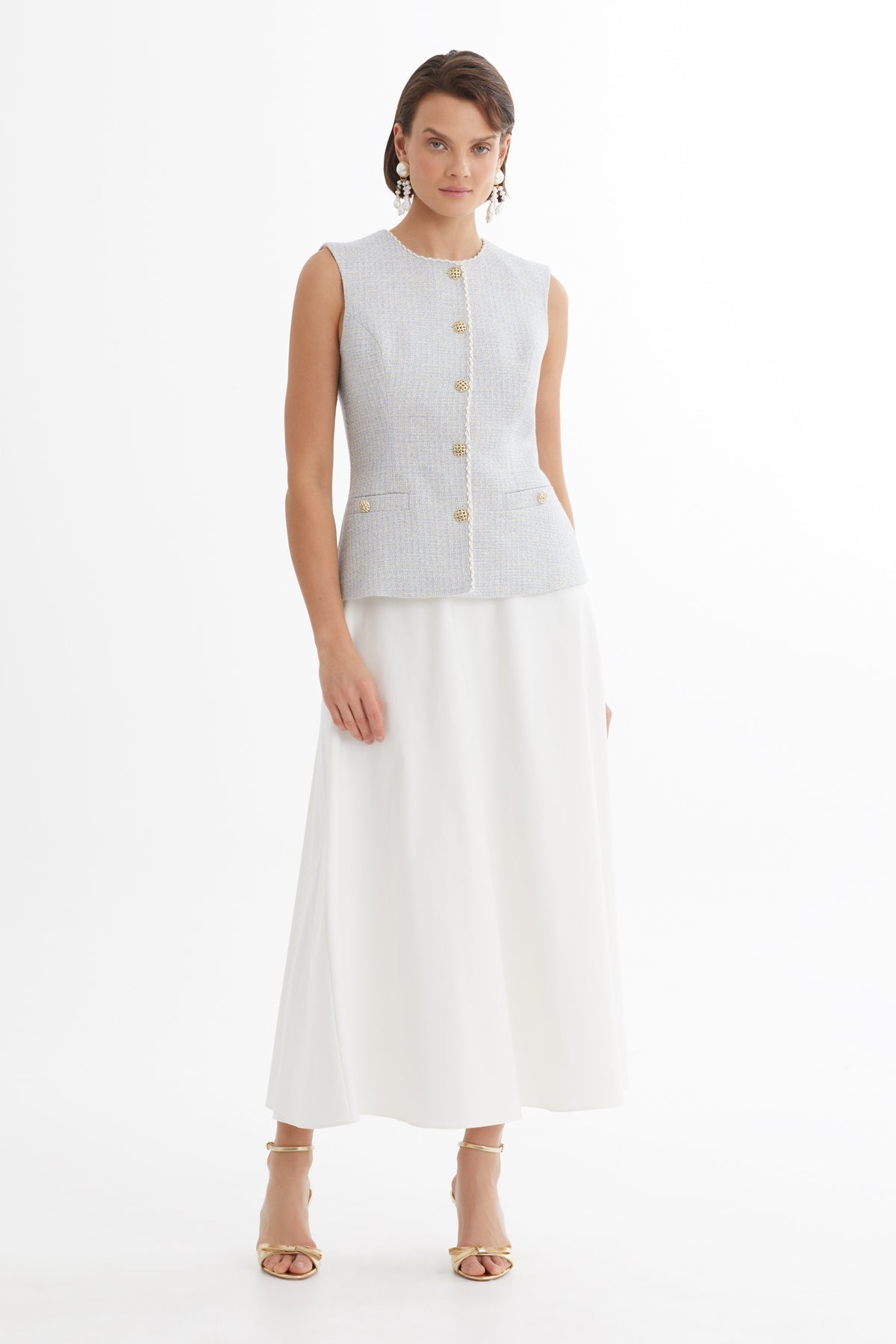 Blue Piped-Detail Vest Skirt Set