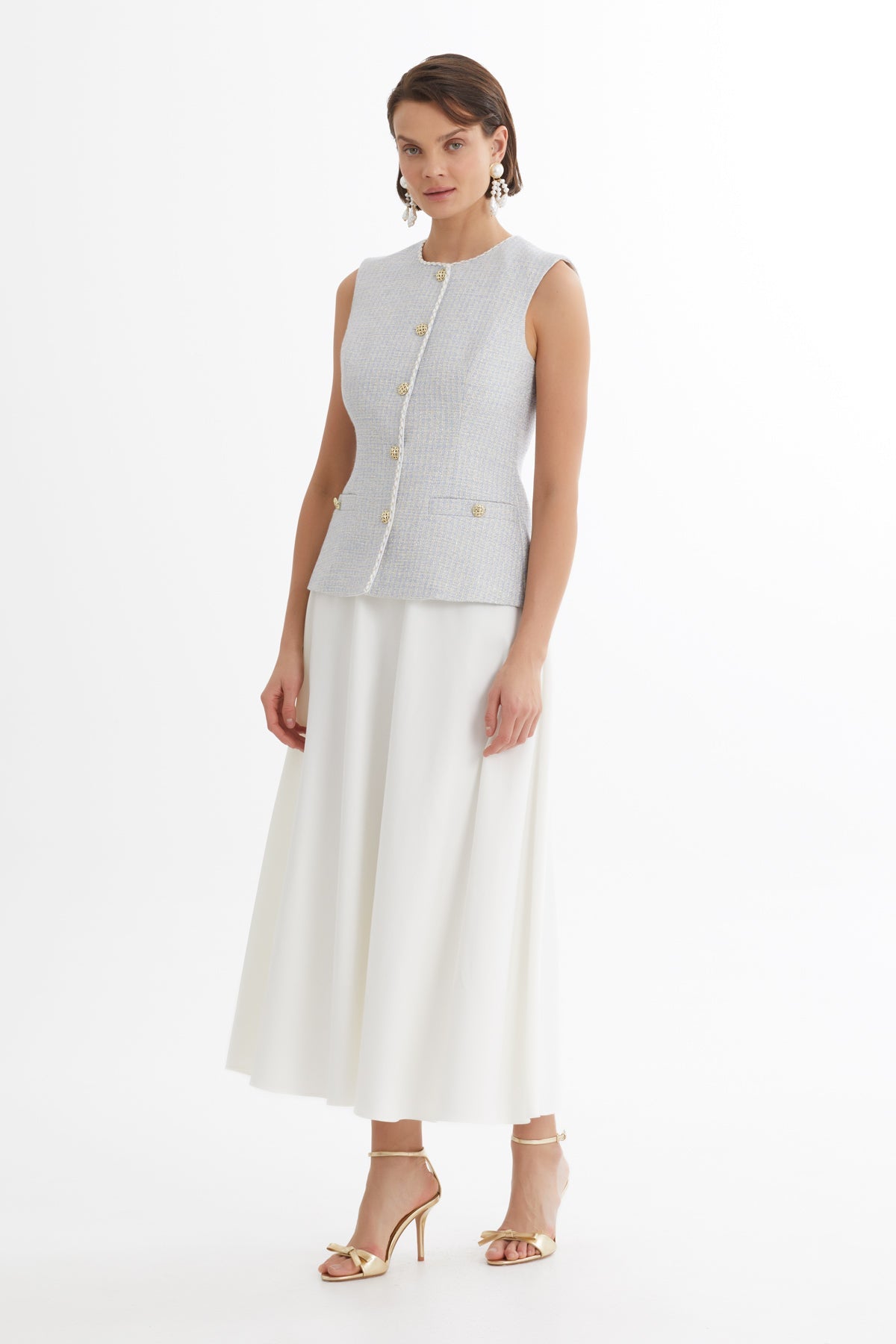 Blue Piped-Detail Vest Skirt Set