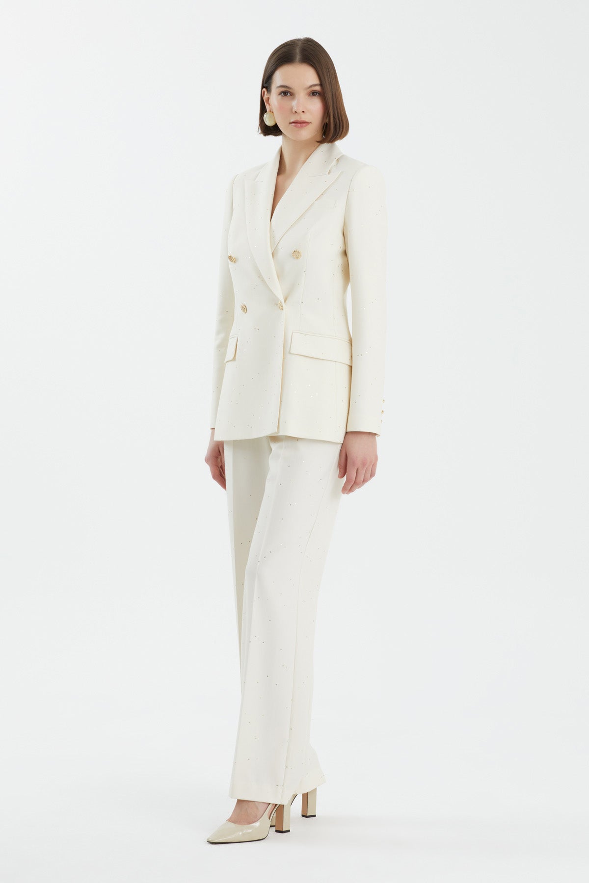 Ecru Double-Breasted Sequin Suit Set