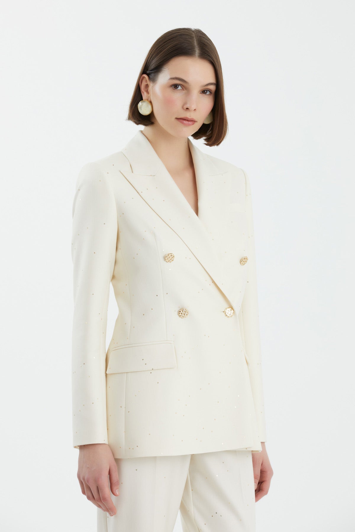 Ecru Double-Breasted Sequin Suit Set