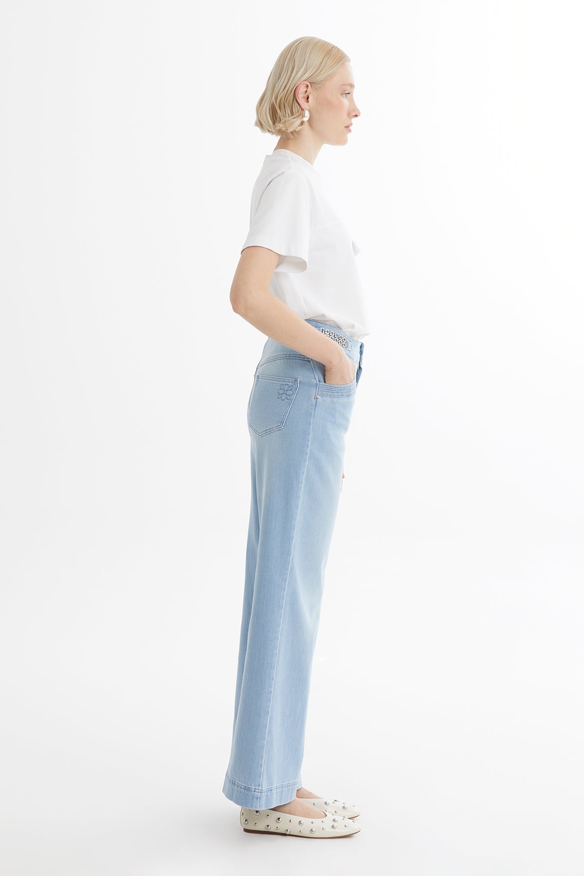 Blue Metal-Detail Denim Trousers