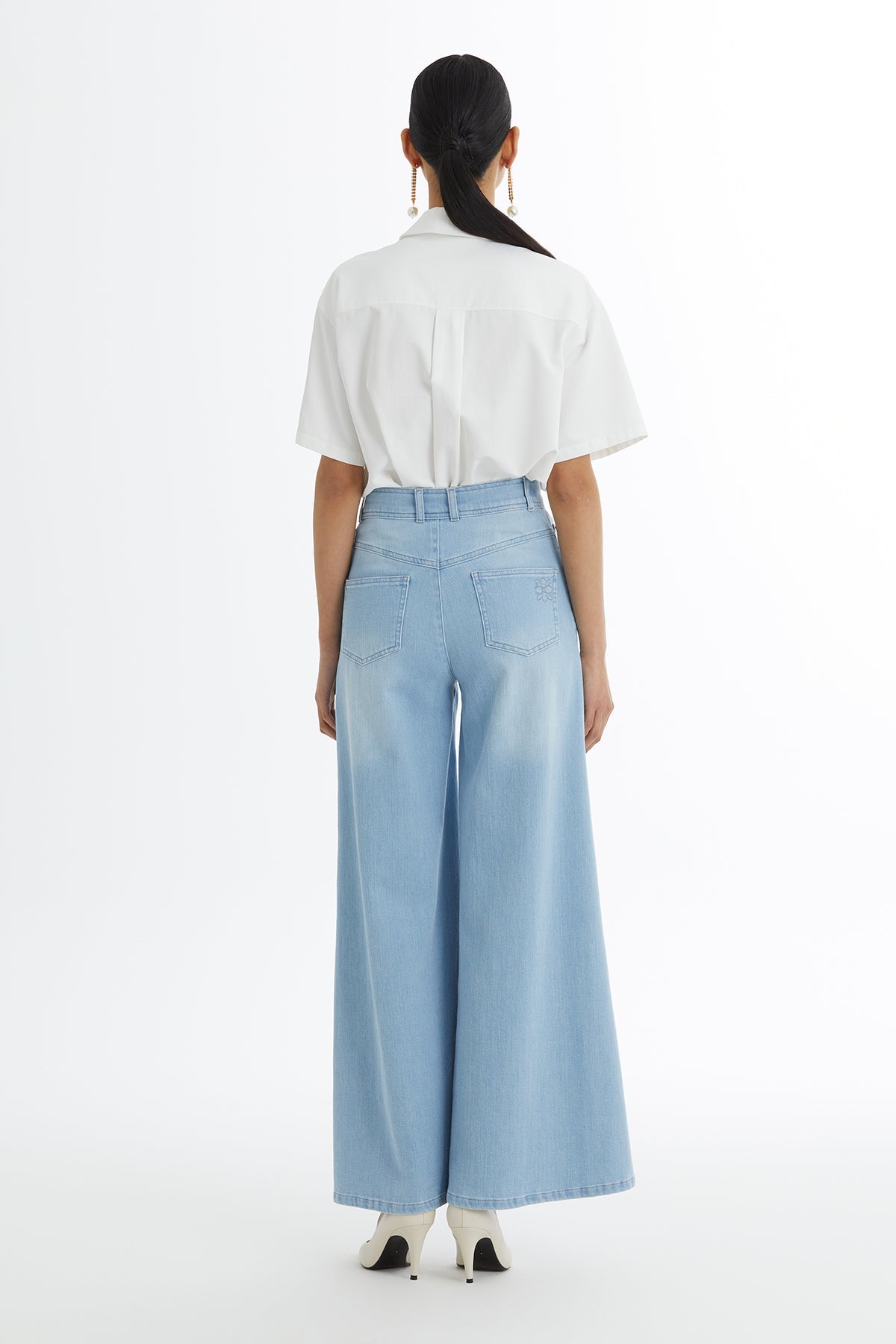 Blue Embroidered Wide-Leg Denim