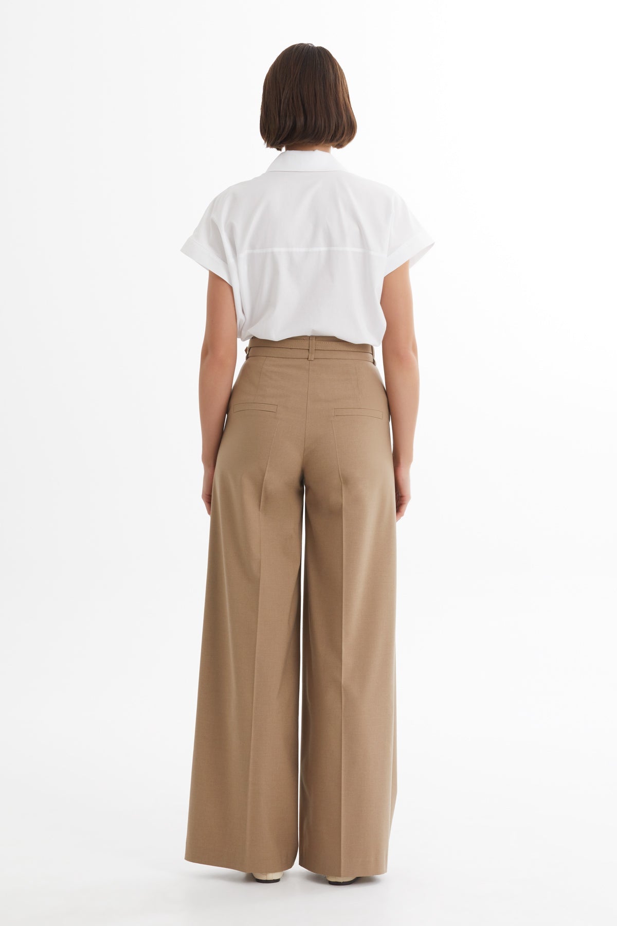 Beige Belt-Detail Straight-Leg Trousers