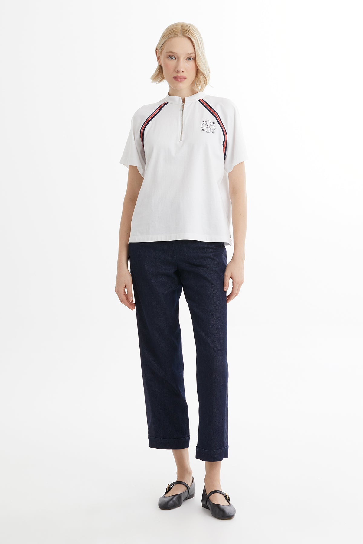 White Knit-Trim Embroidered Zip T-Shirt