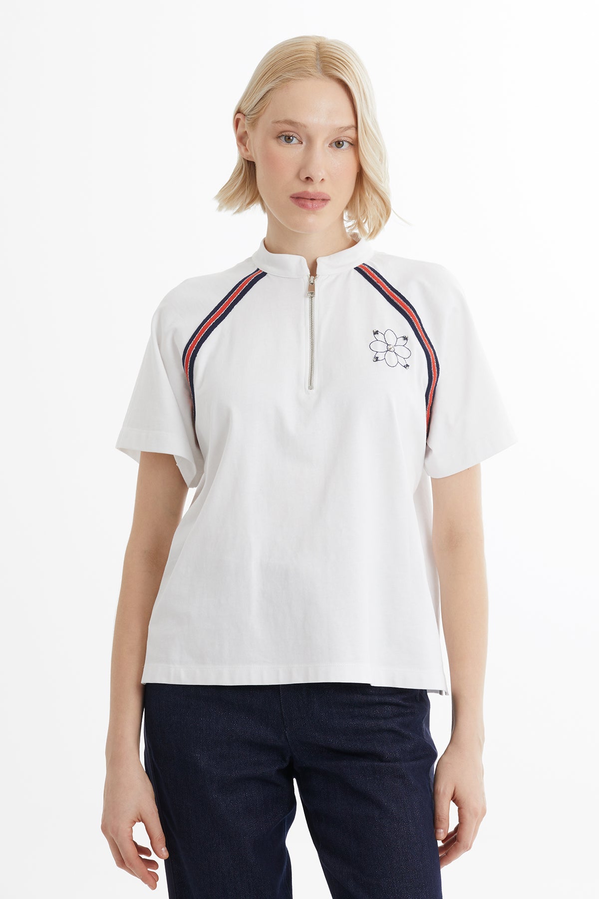 White Knit-Trim Embroidered Zip T-Shirt