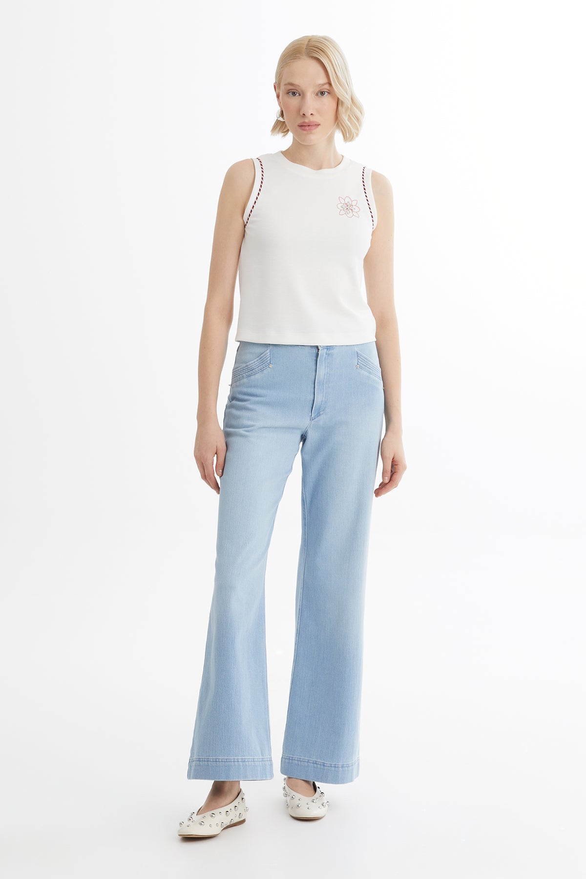 Ecru Blouse with Embroidery and Metal Accessory Details