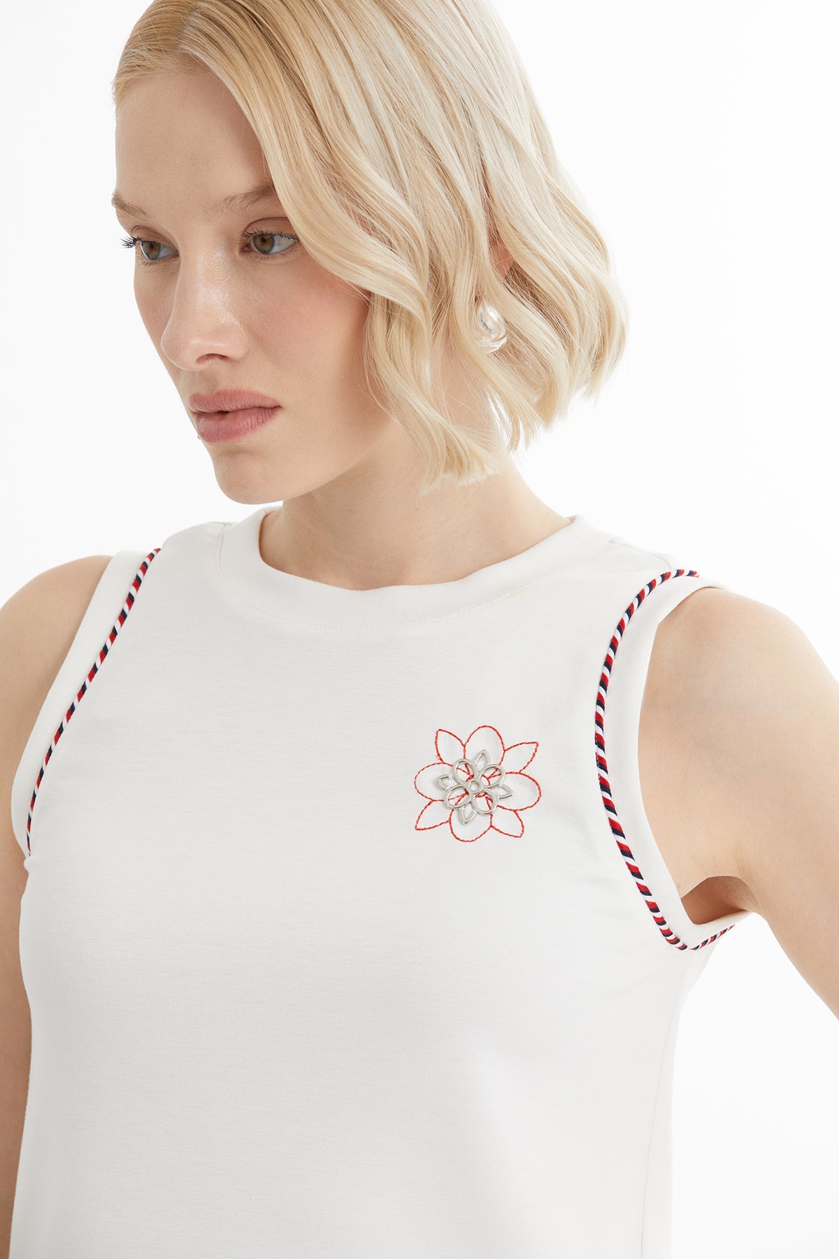 Ecru Blouse with Embroidery and Metal Accessory Details