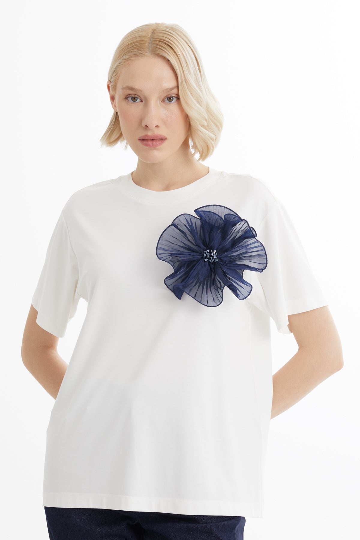 Ecru Pleated and Embroidered Floral Accent T-Shirt