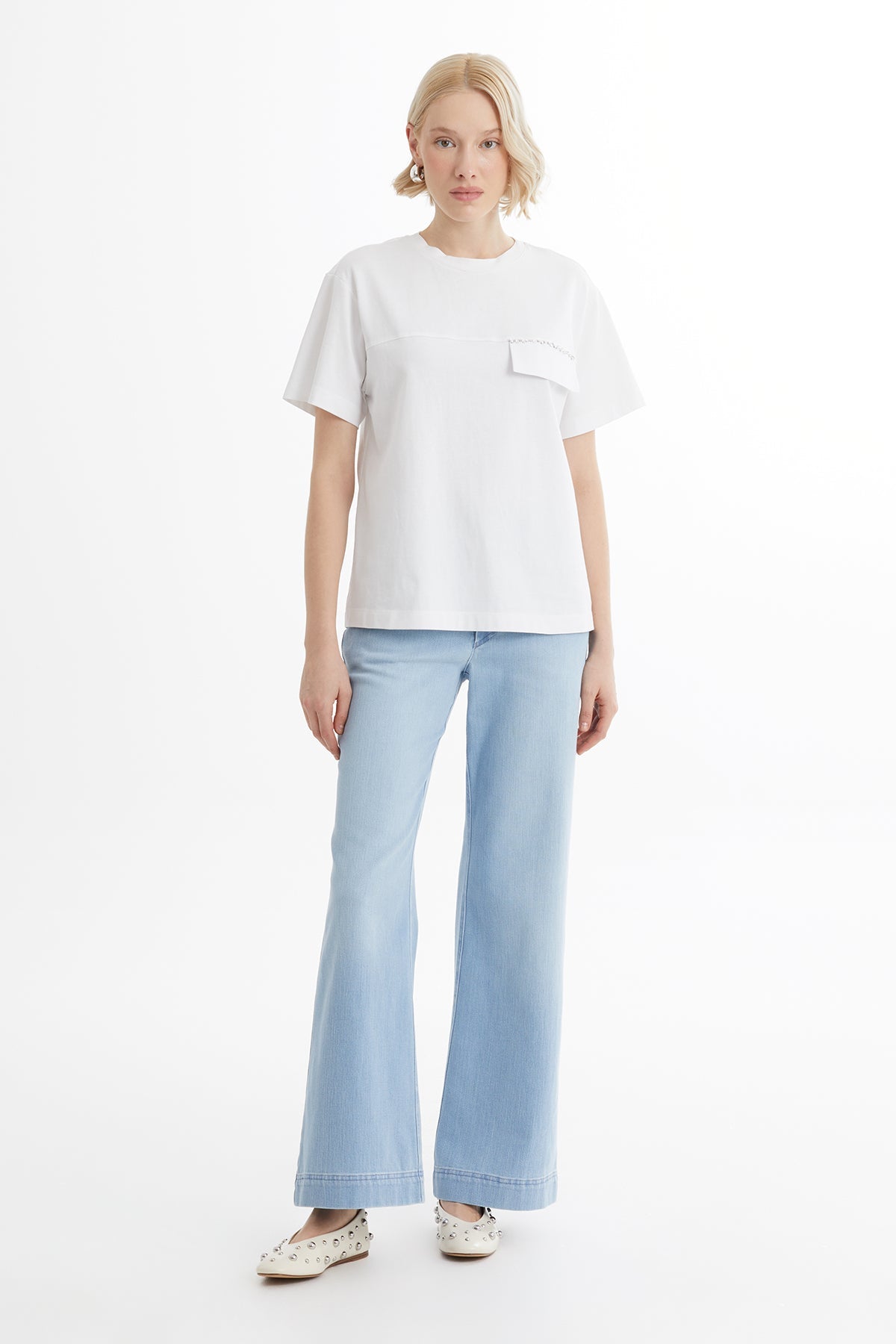 White T-Shirt with Beaded Pocket Flap Detail