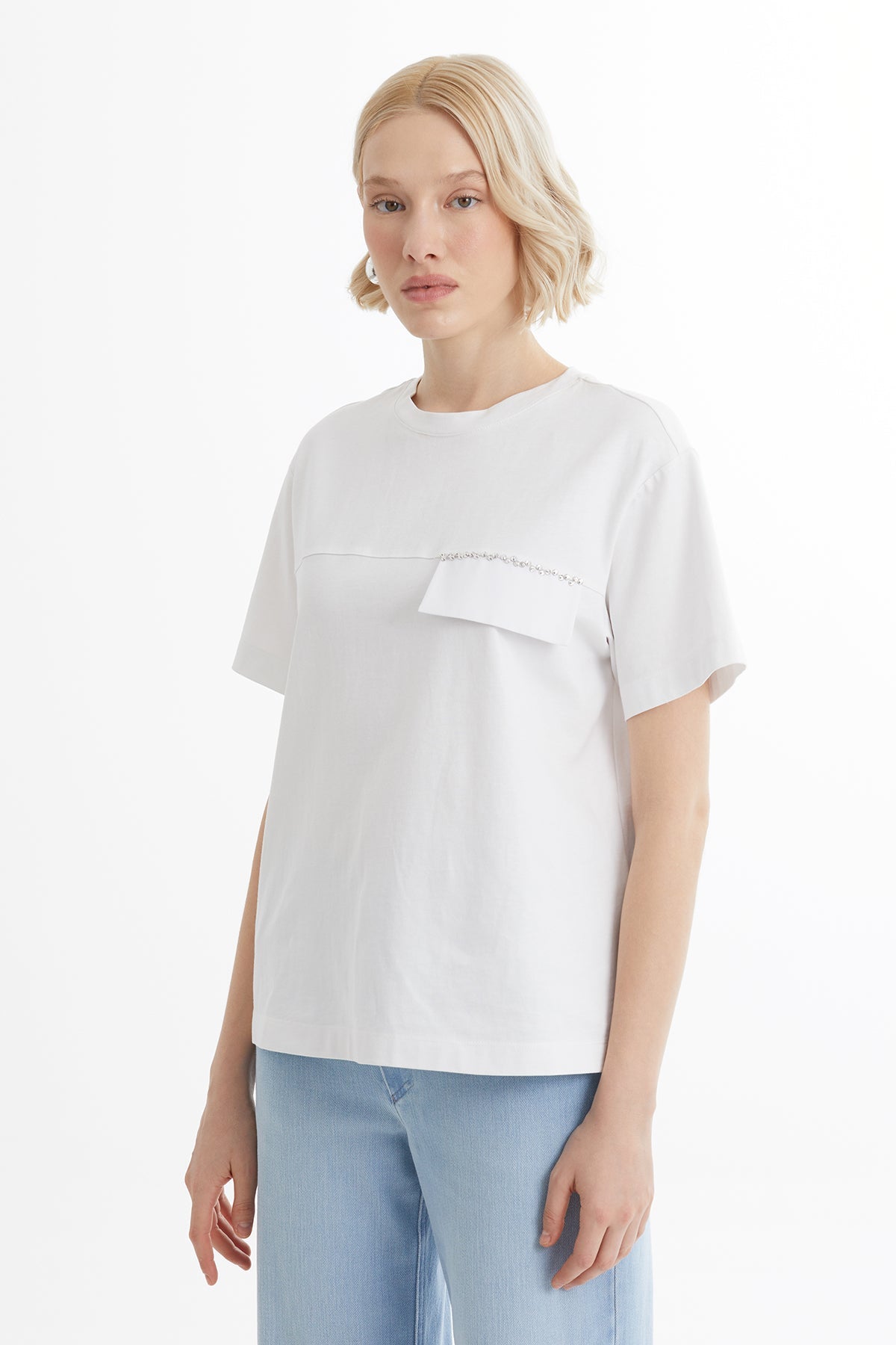 White T-Shirt with Beaded Pocket Flap Detail