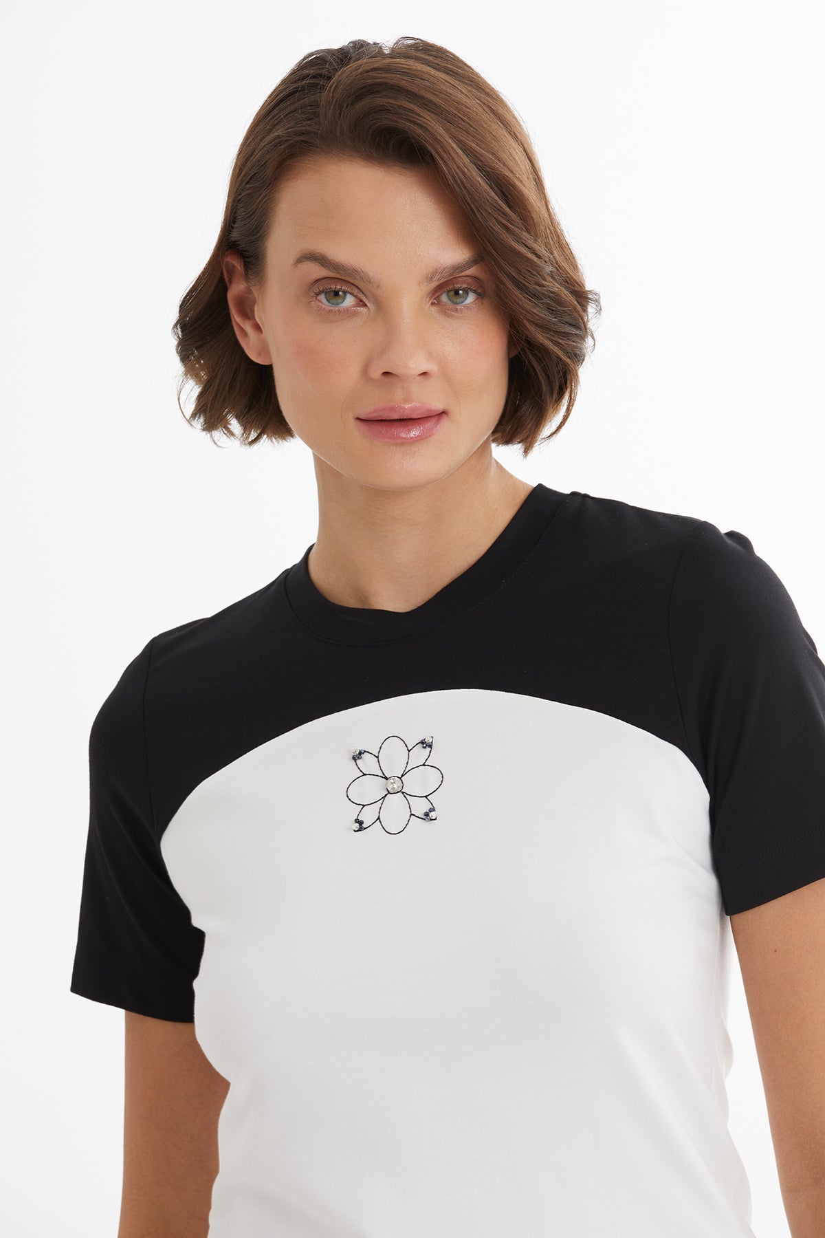 Ecru T-Shirt with Embroidery Details