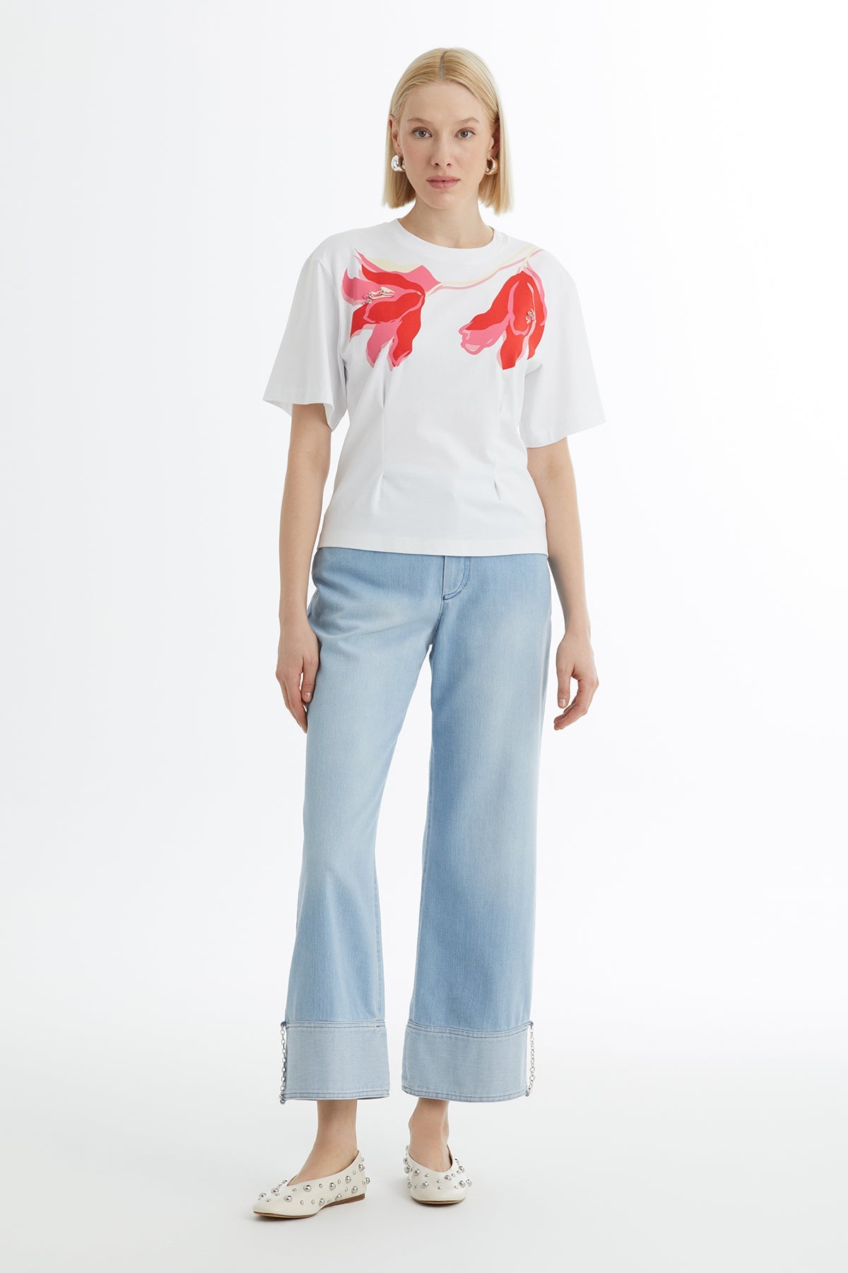 White T-Shirt with Print and Embroidery Details