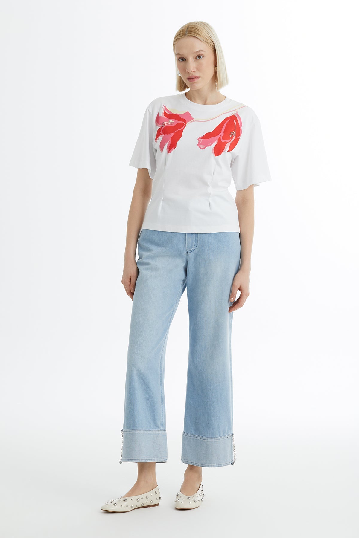 White T-Shirt with Print and Embroidery Details