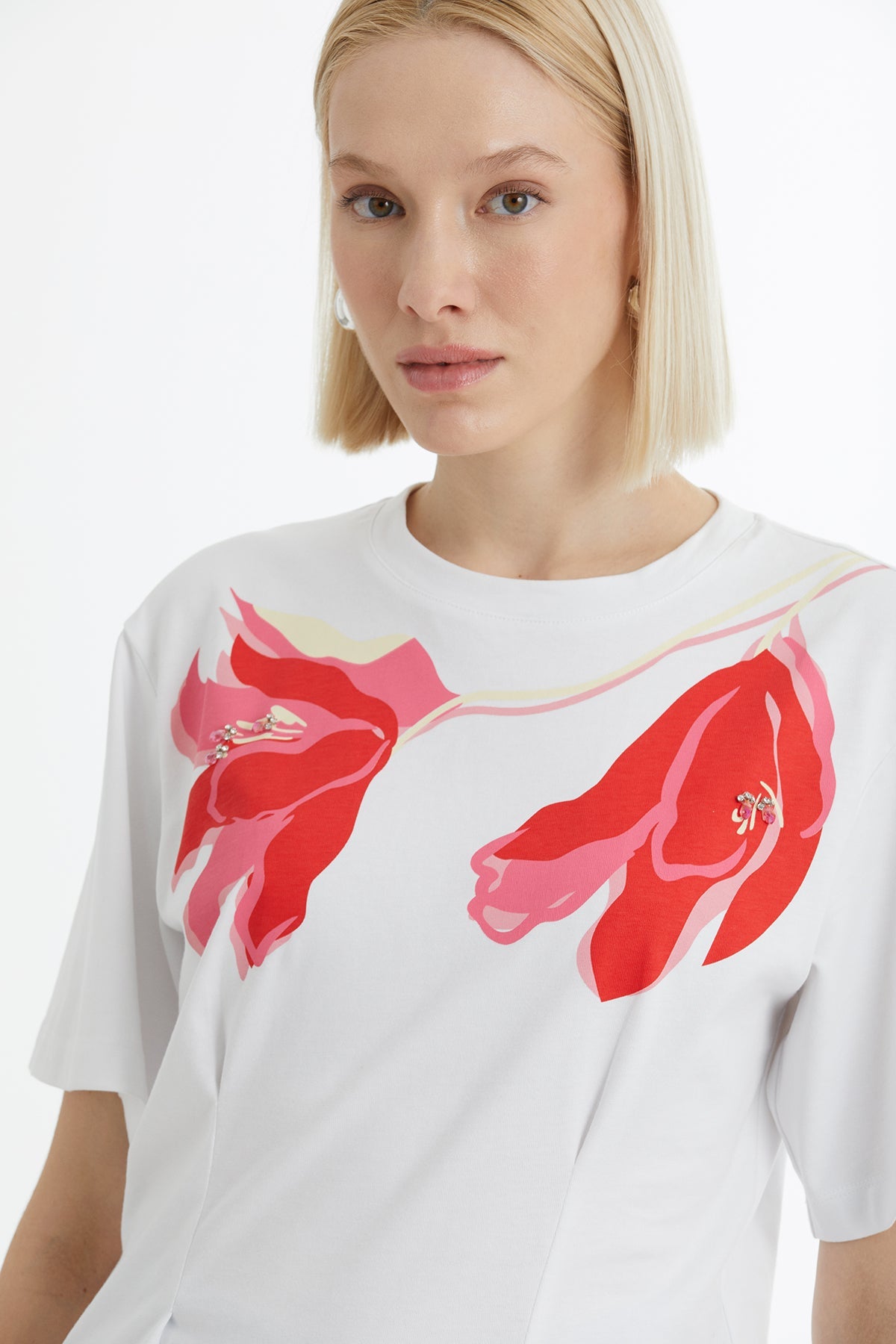 White T-Shirt with Print and Embroidery Details
