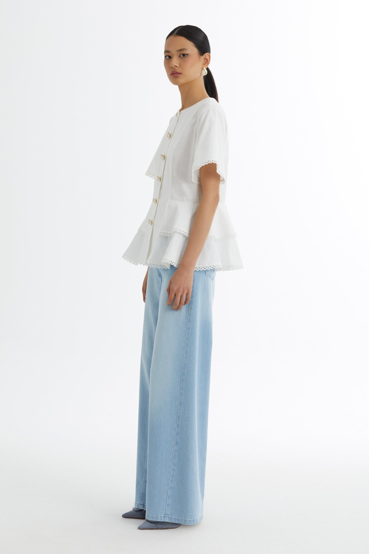 Ecru Flounce Button-Closure Blouse