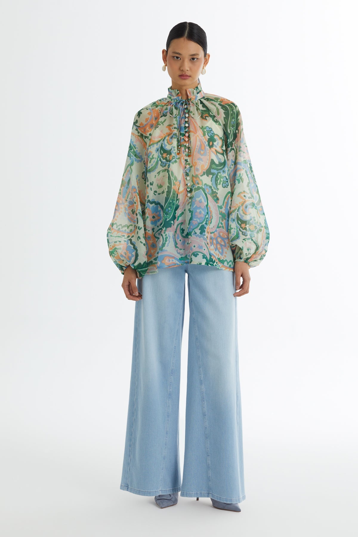 Ruffle-Neck Patterned Blouse