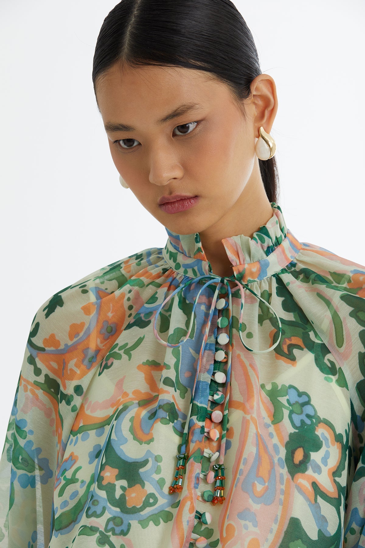 Ruffle-Neck Patterned Blouse