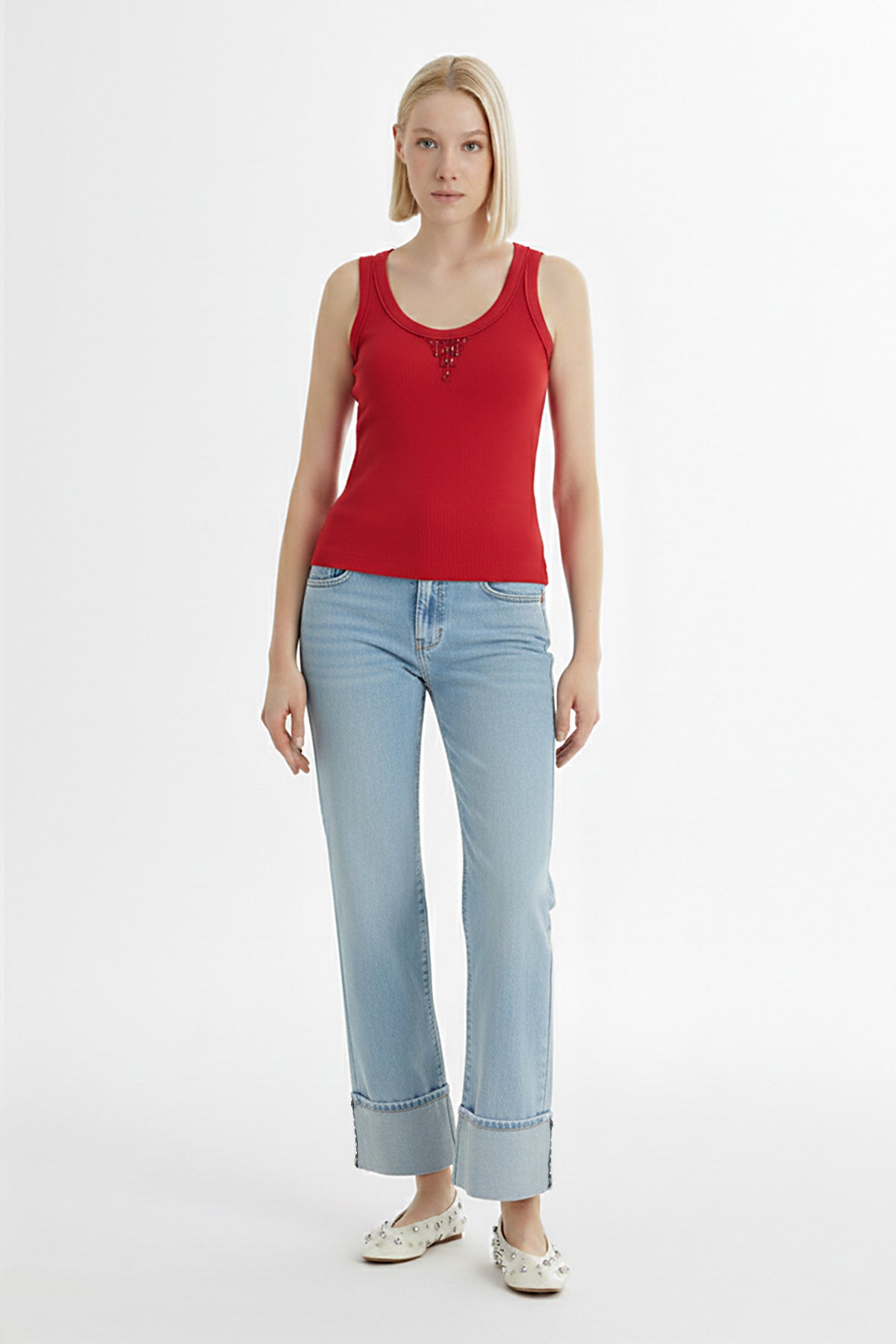 Red Embroidered Detail Tank Top