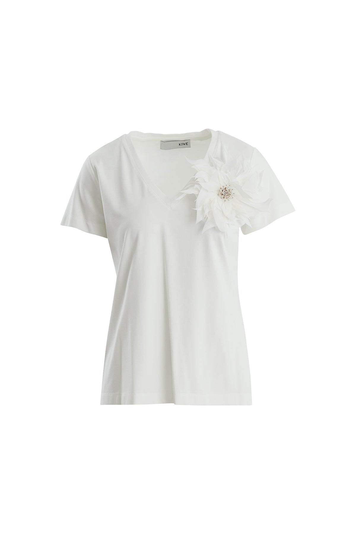 Ecru T-Shirt with Beaded Brooch Accessory