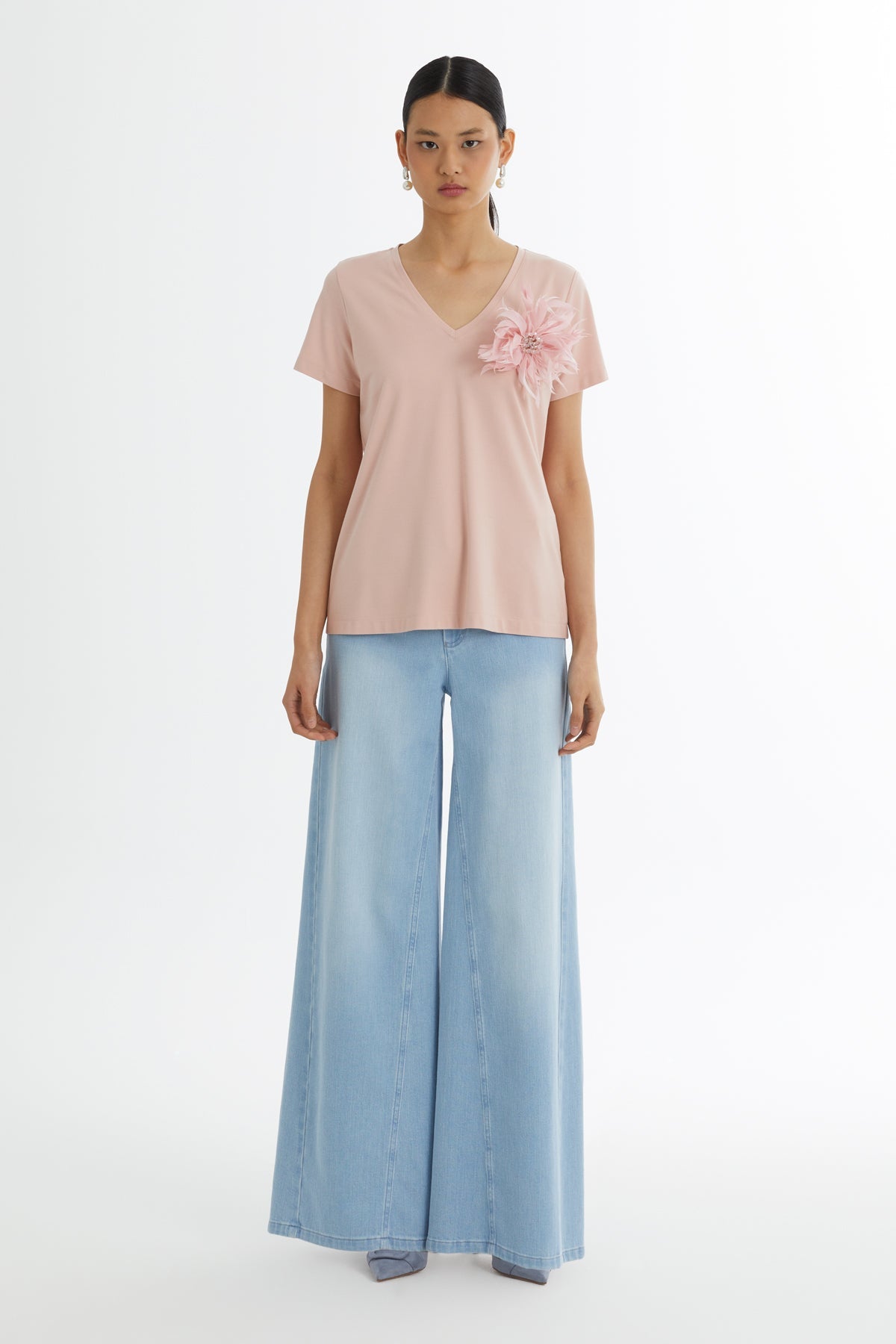 Pink T-Shirt with Beaded Brooch Accessory