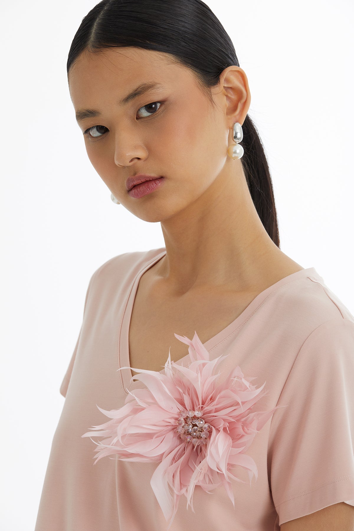 Pink T-Shirt with Beaded Brooch Accessory