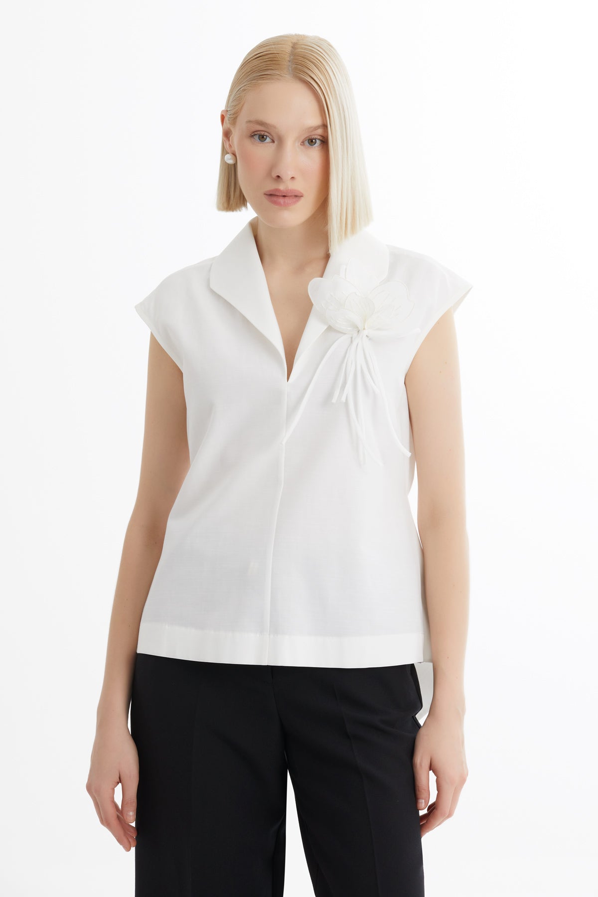 Ecru Shawl Collar Brooch Detail Blouse