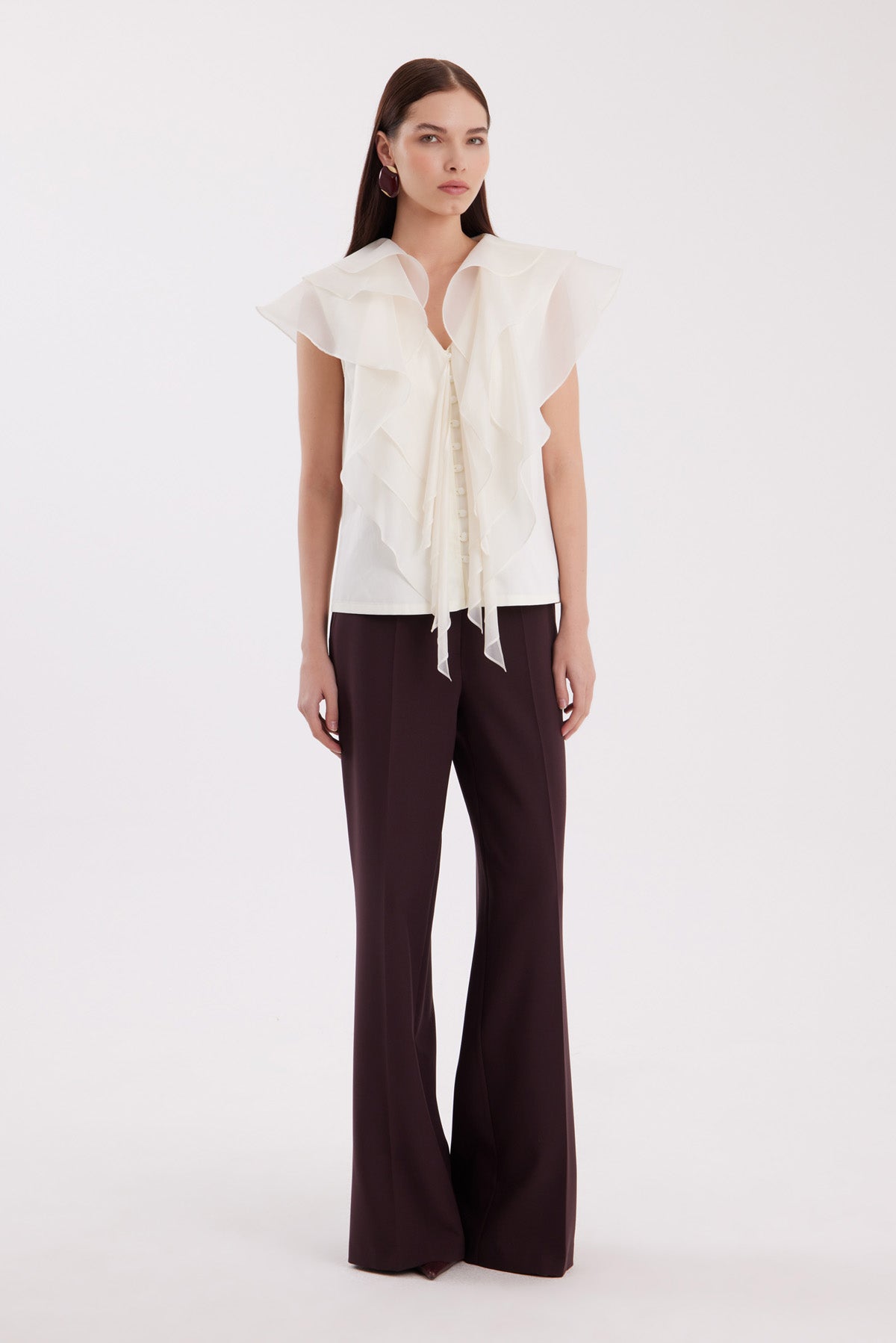 Ecru V-Neck Chiffon Blouse