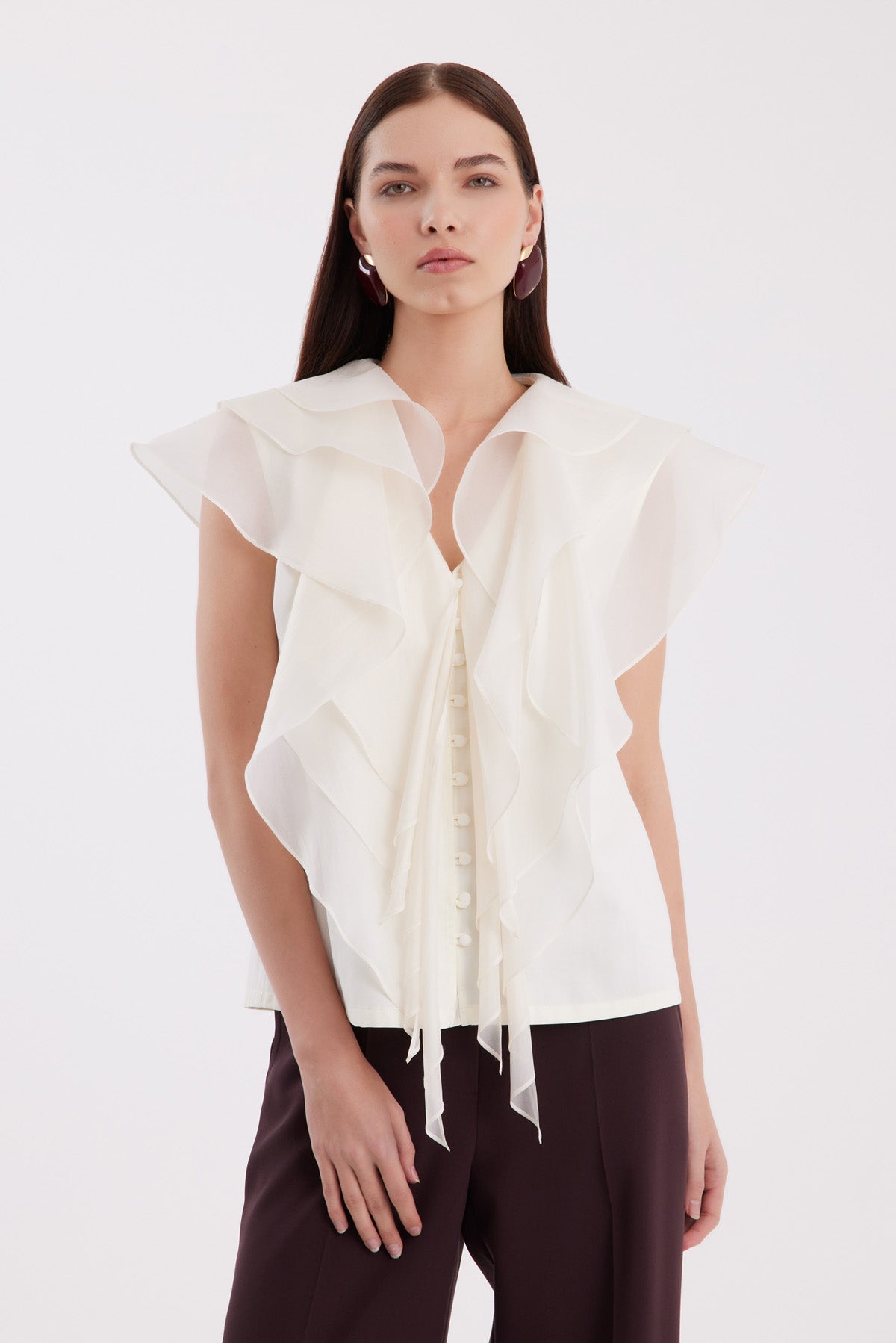 Ecru V-Neck Chiffon Blouse
