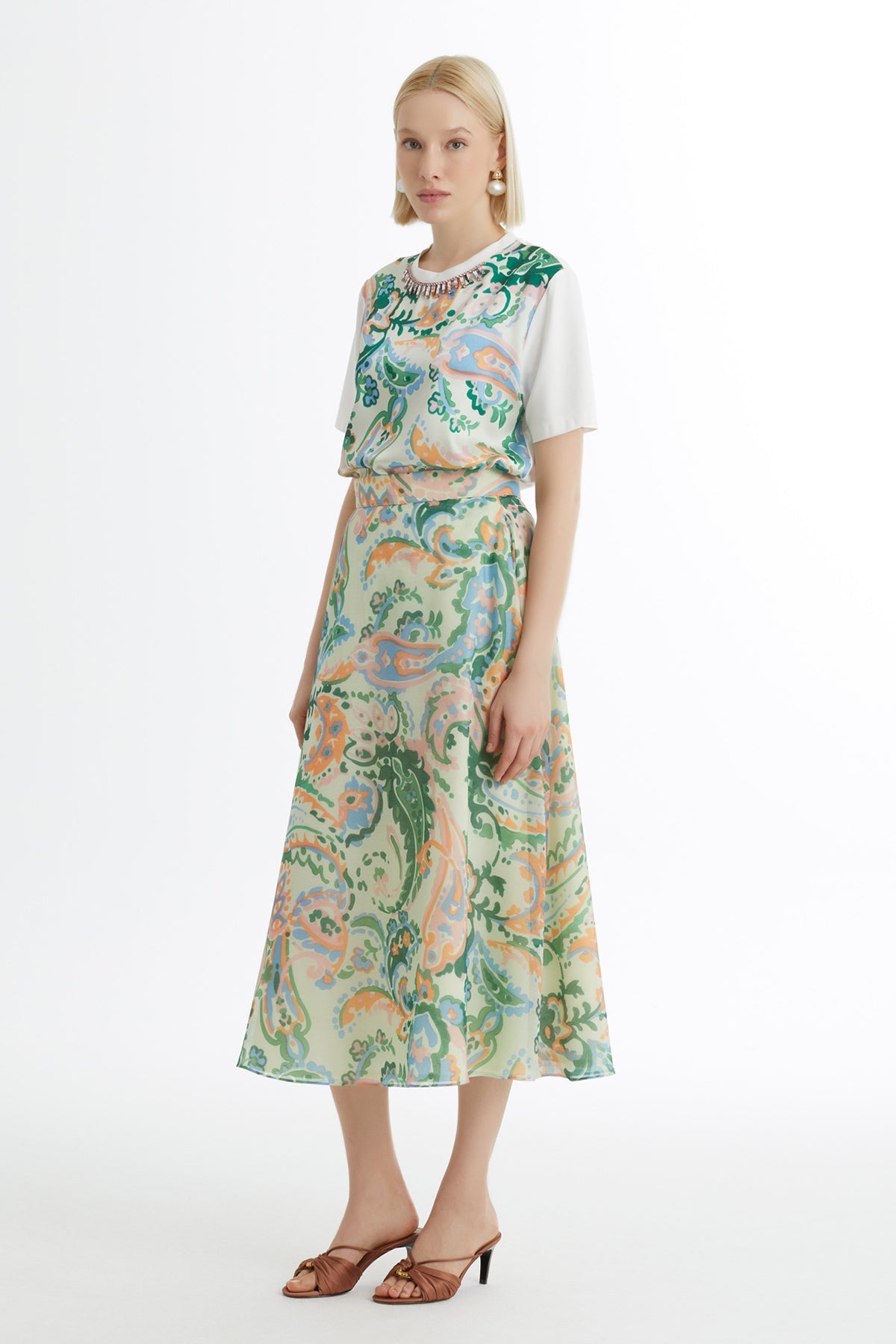 Patterned Flounce Midi Skirt