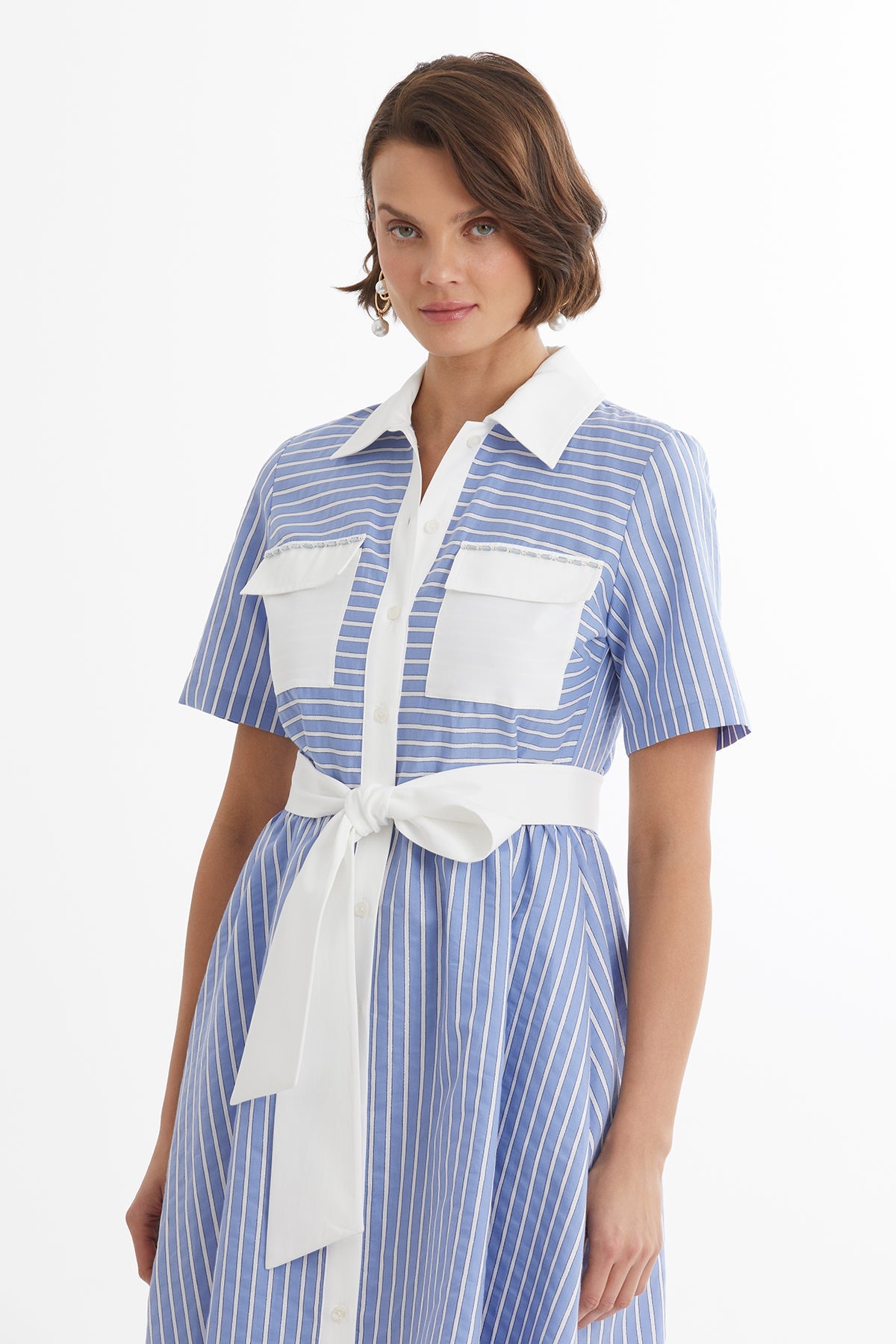Blue Tie-Waist Striped Dress