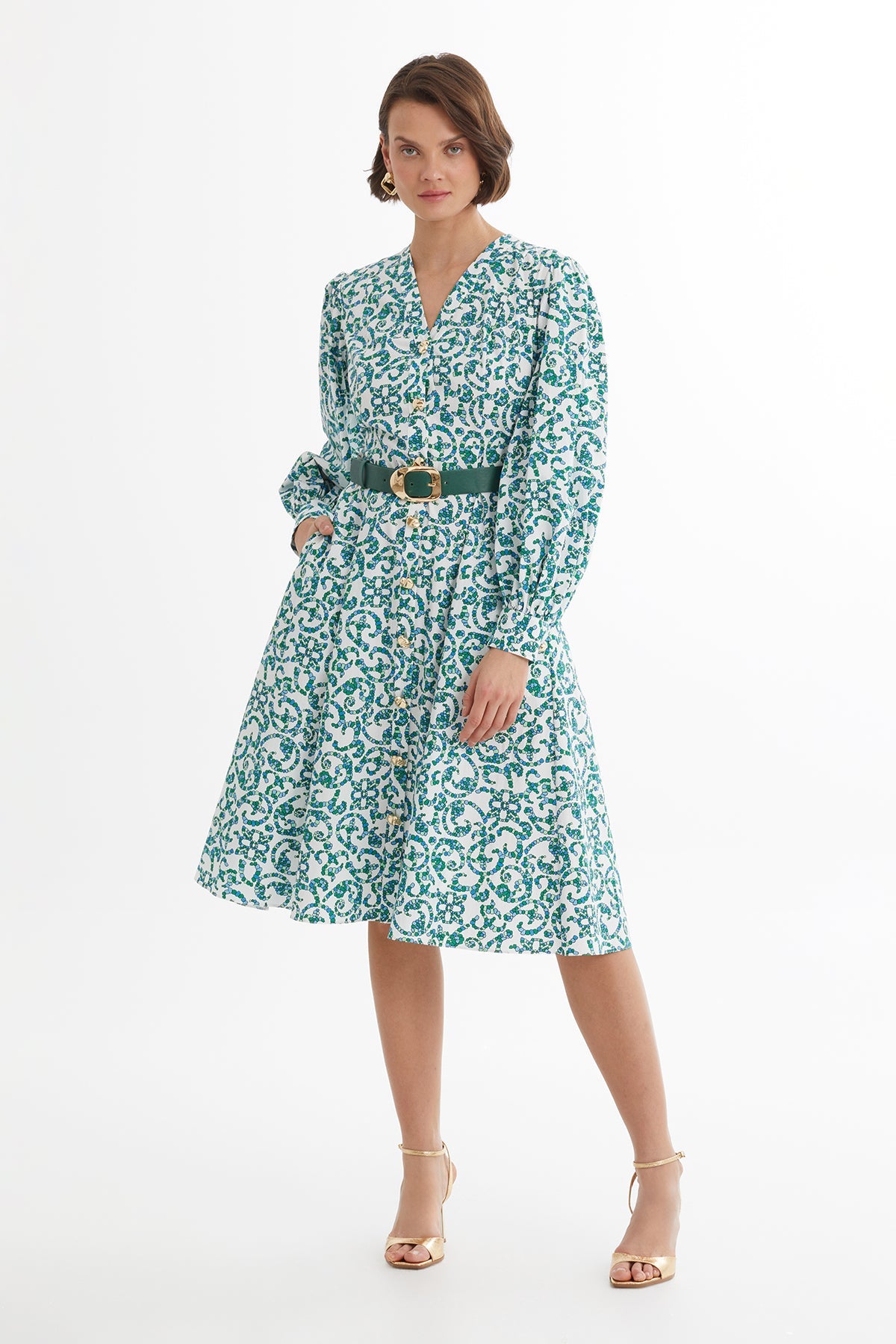 White Leather-Belted Patterned Dress