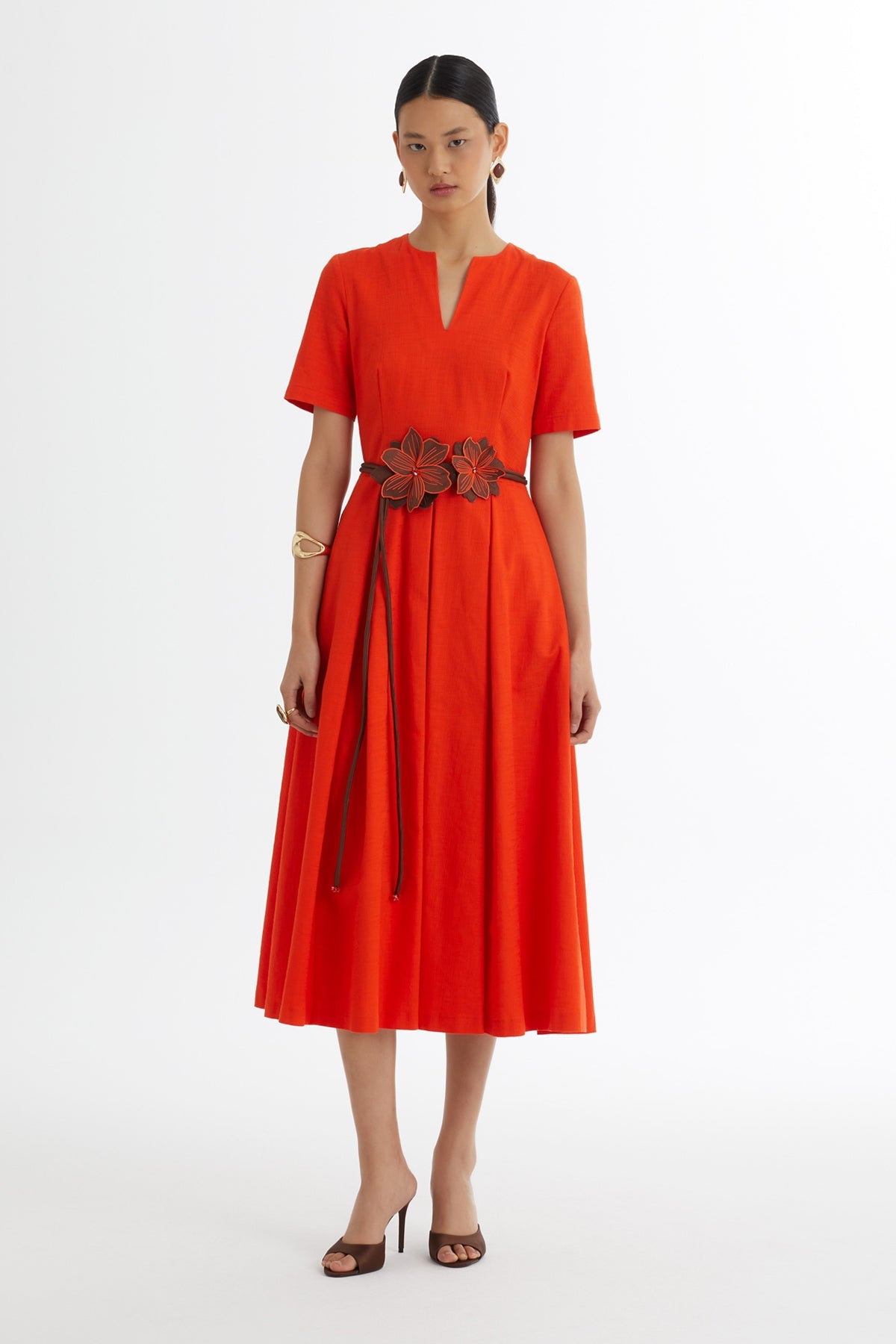 Red Floral Cord-Belted Dress