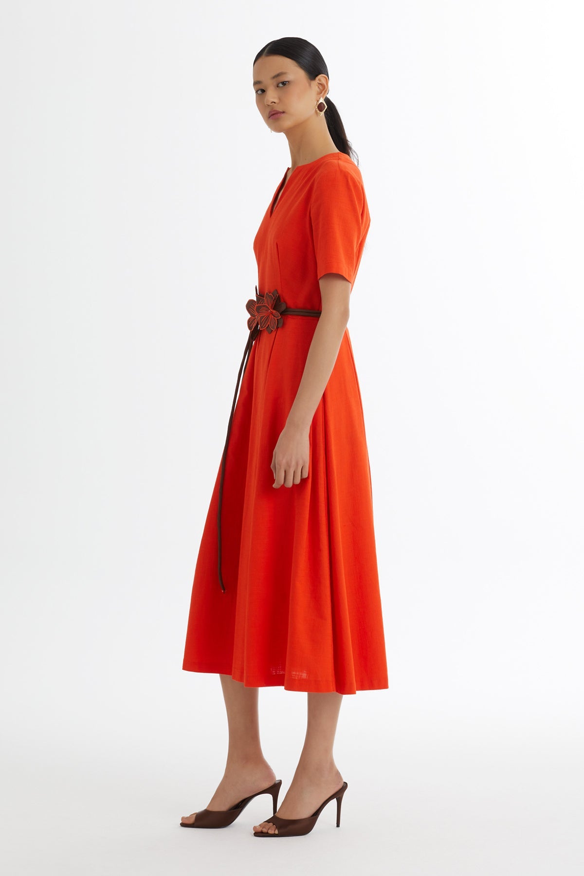 Red Floral Cord-Belted Dress
