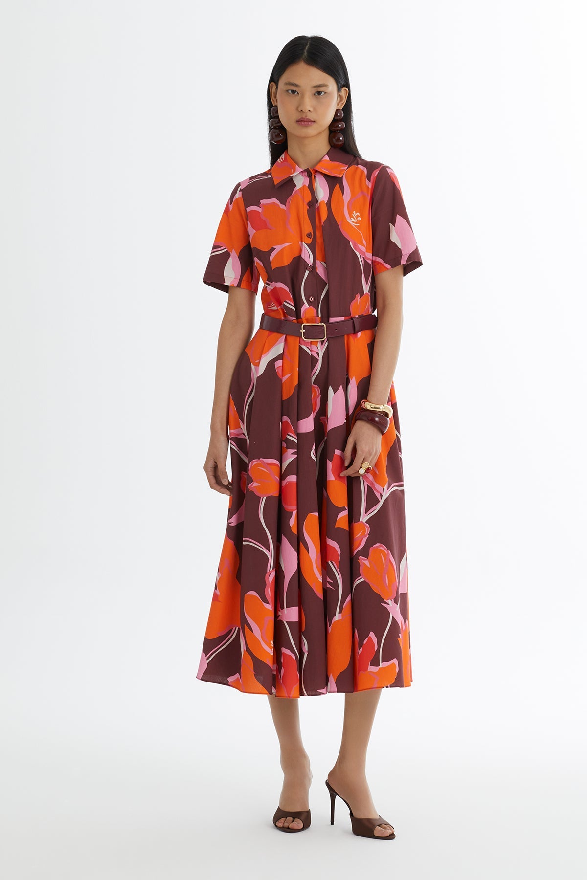 Red Leather-Belted Ruffle Dress