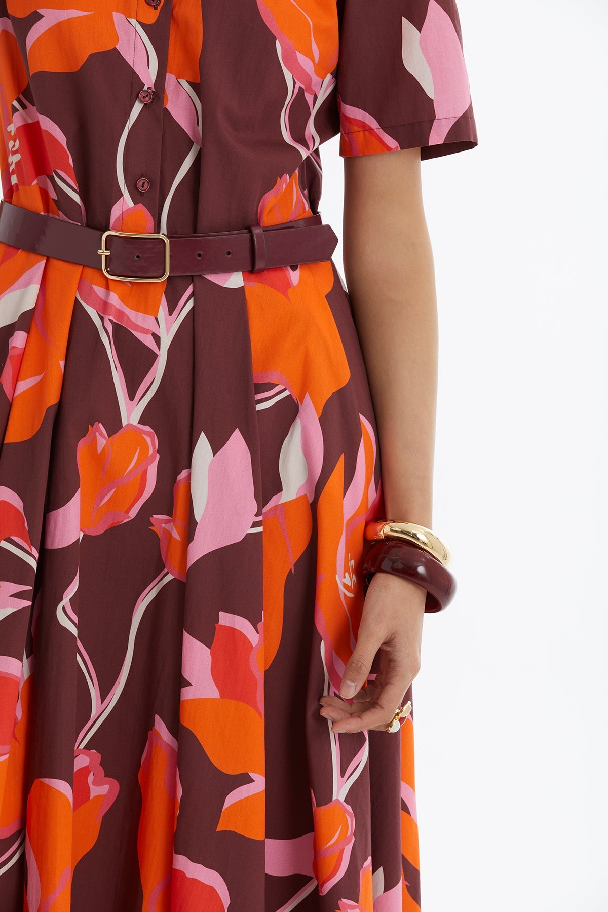 Red Leather-Belted Ruffle Dress