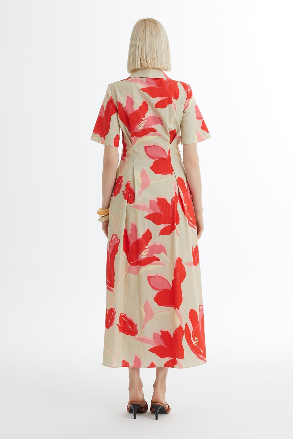 Beige Tie-Detail Pleated Patterned Dress
