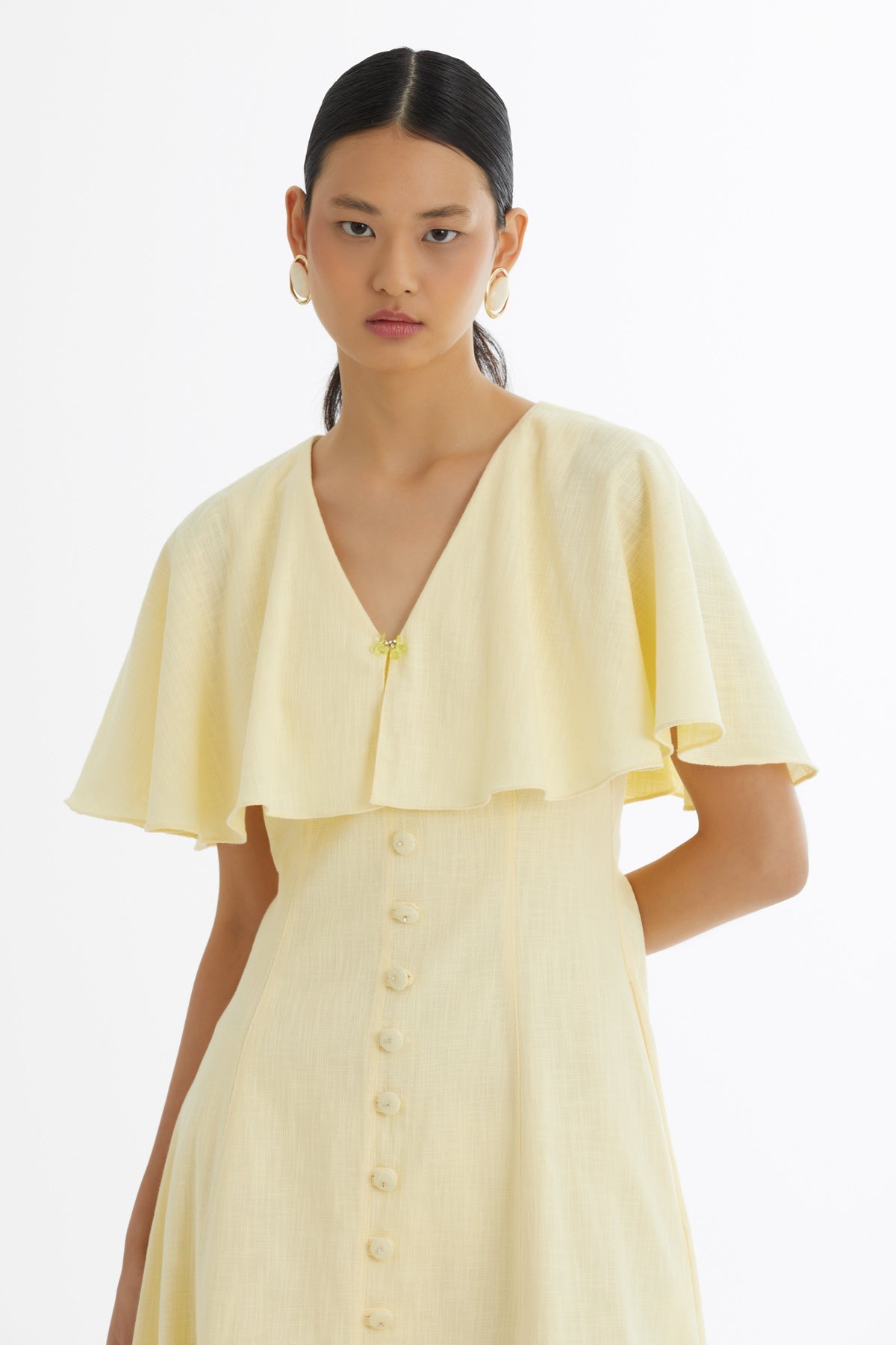 Yellow Cape-Detail Embroidered Dress