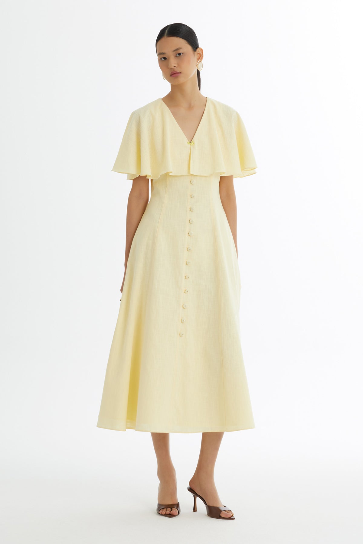 Yellow Cape-Detail Embroidered Dress