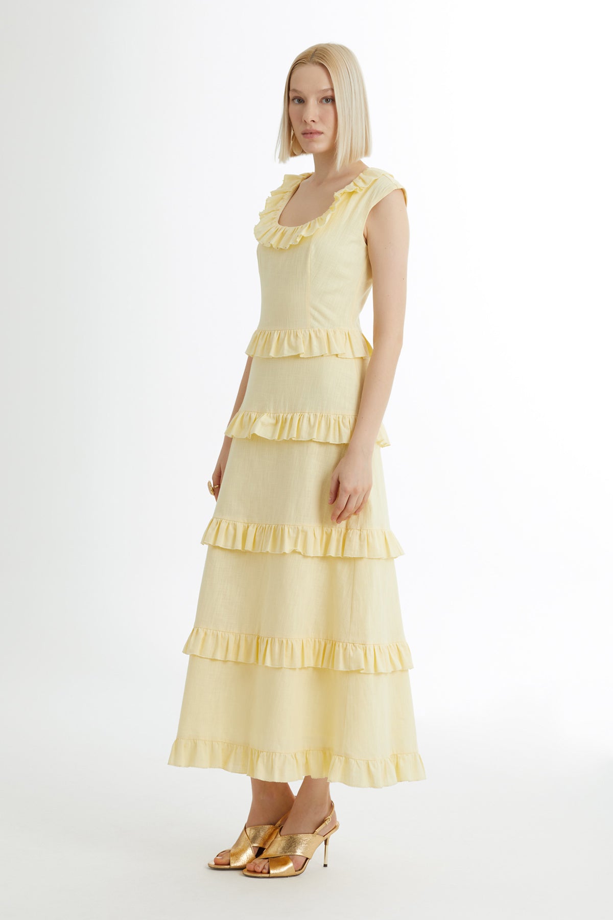 Yellow Ruffled Sleeveless Square-Neck Dress