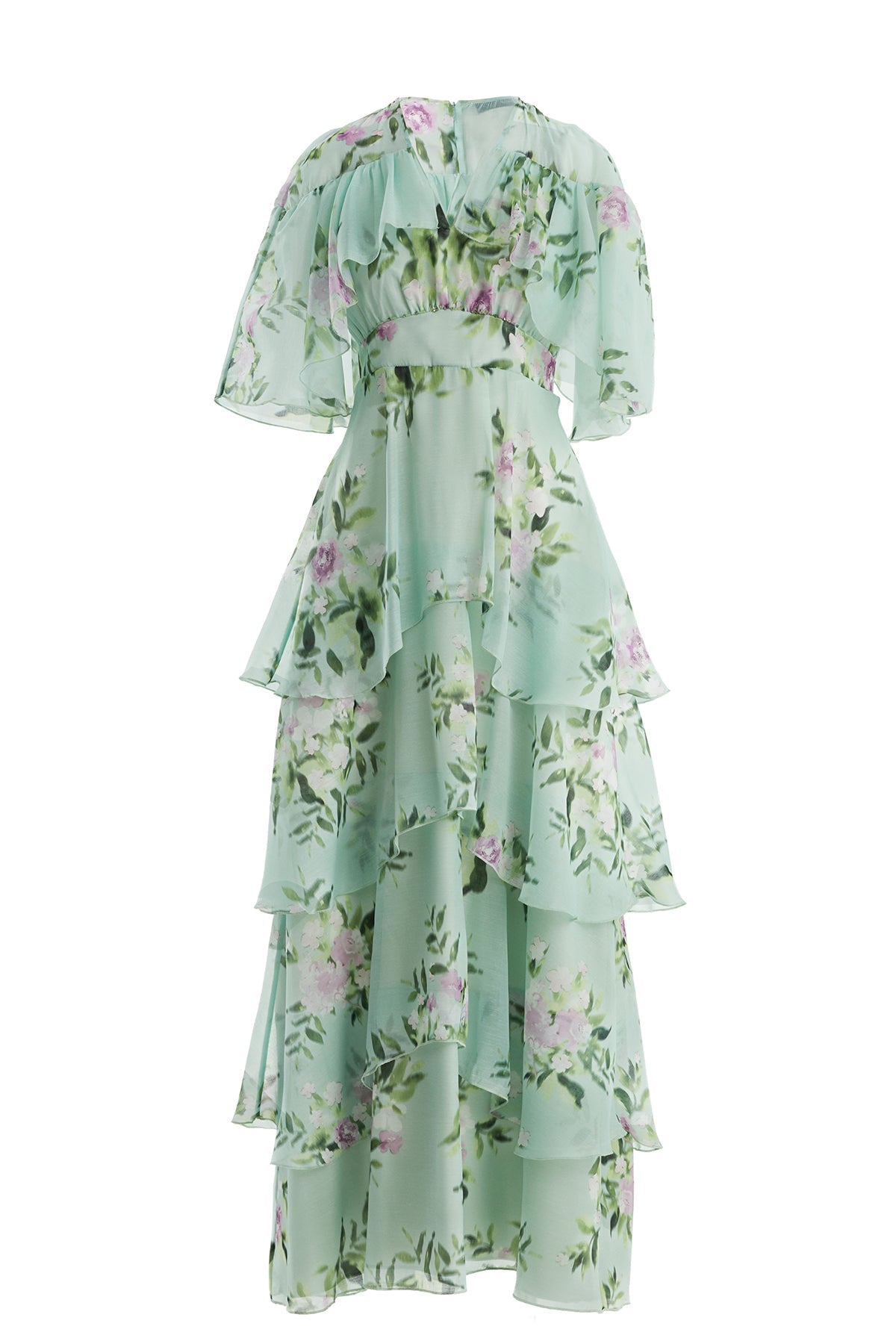 Green Embroidered Patterned Ruffle Dress
