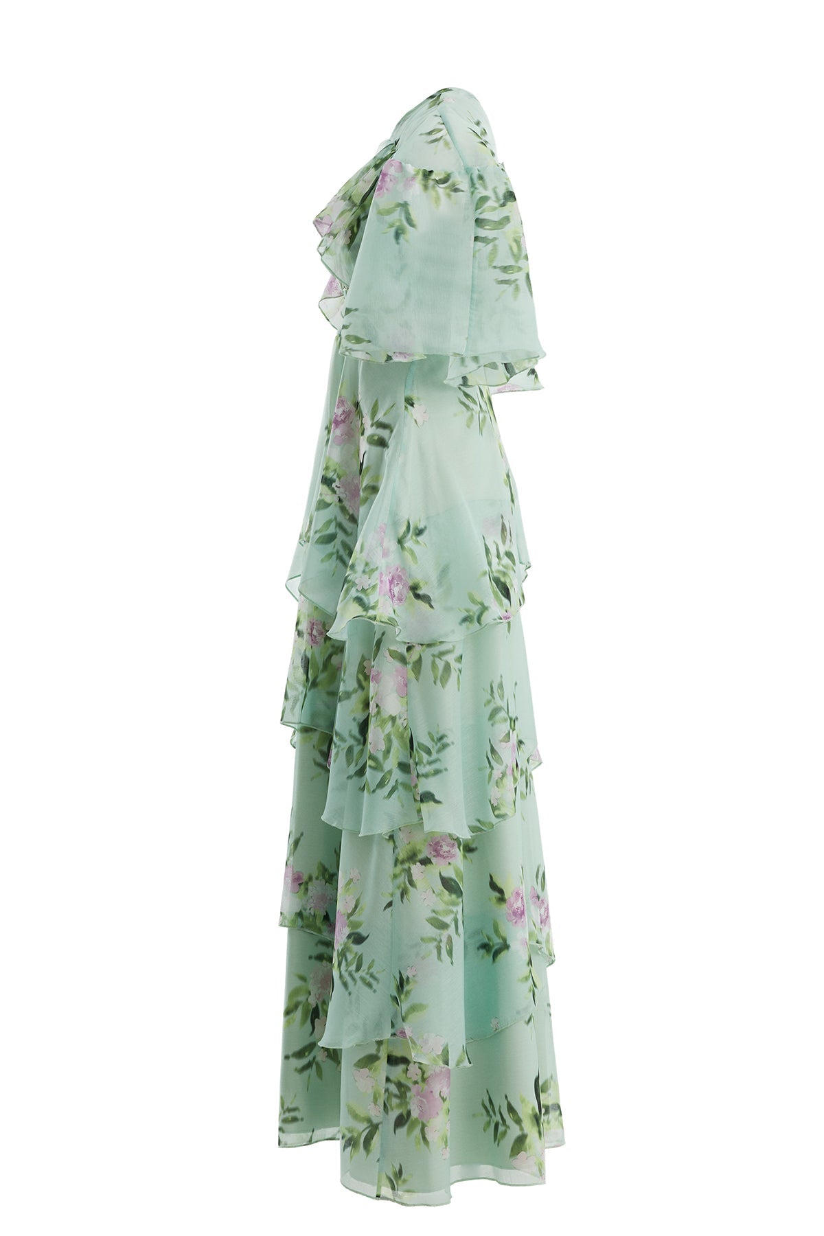 Green Embroidered Patterned Ruffle Dress