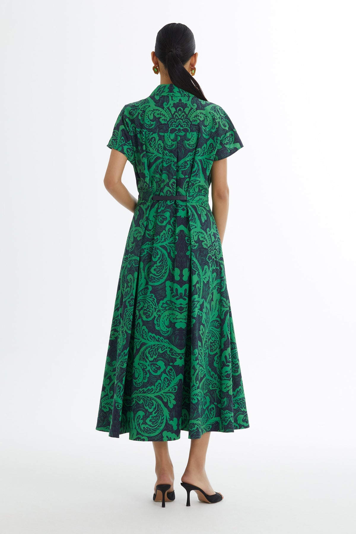 Green Leather-Belted Patterned Dress