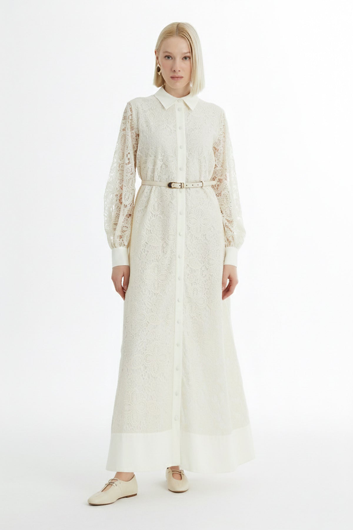 Ecru Balloon Sleeve Patterned Dress