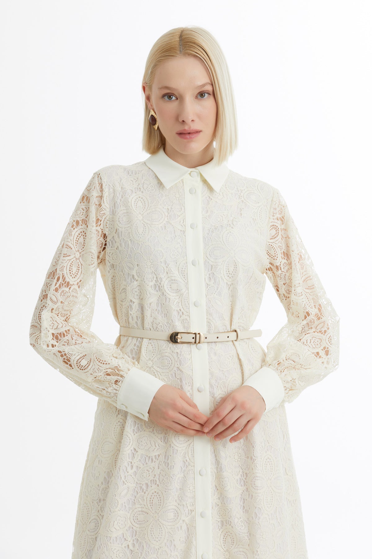 Ecru Balloon Sleeve Patterned Dress
