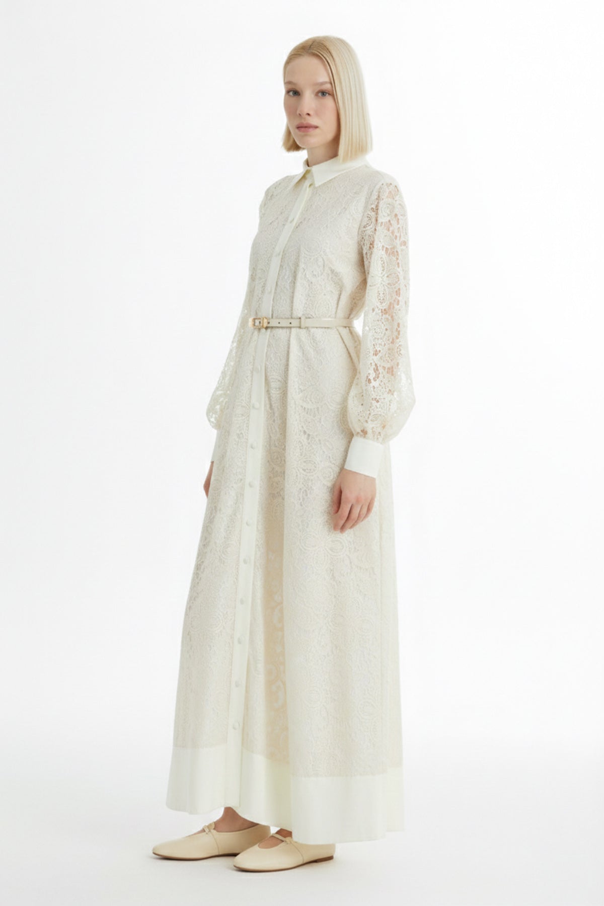 Ecru Balloon Sleeve Patterned Dress