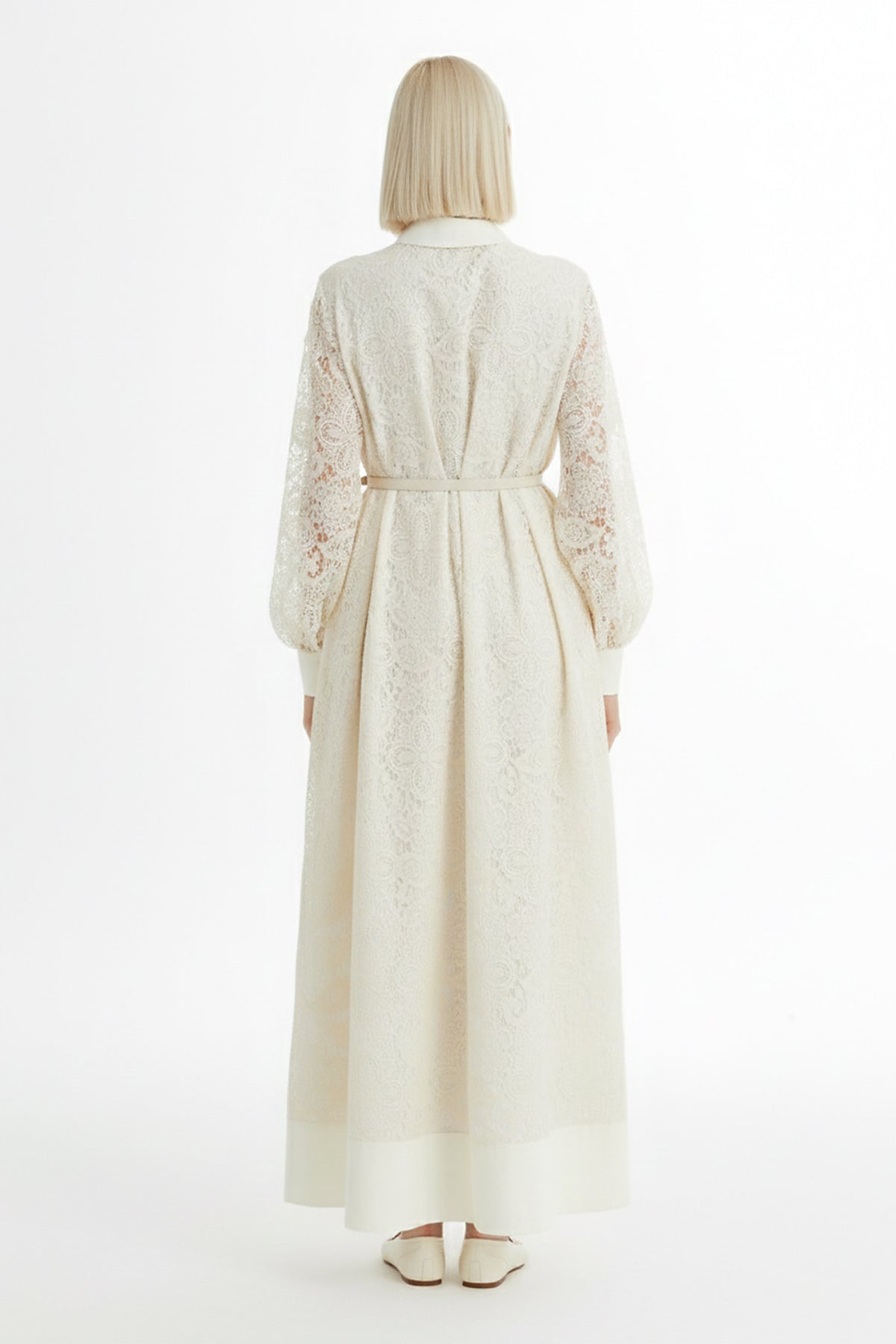 Ecru Balloon Sleeve Patterned Dress