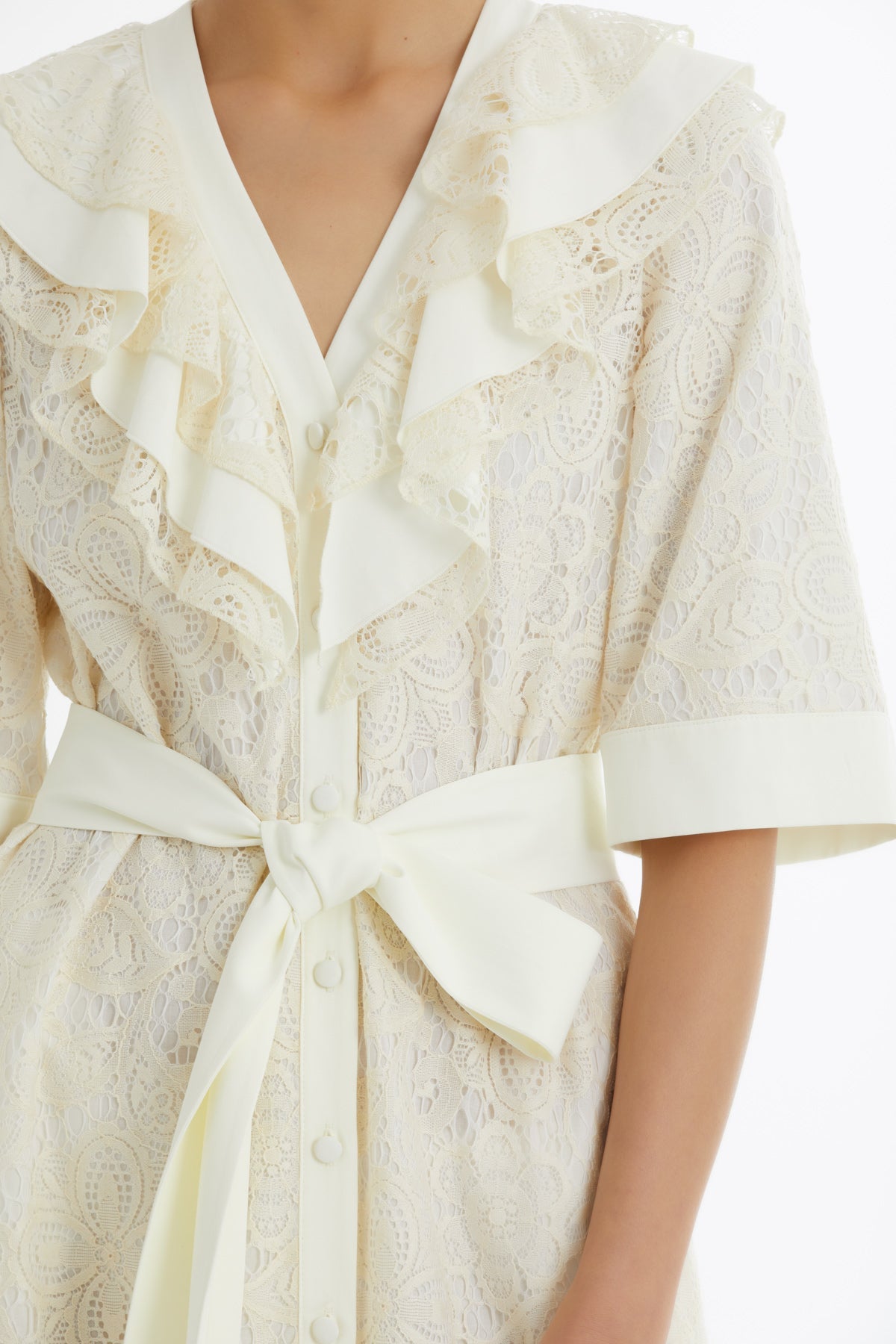 Ecru Ruffle Collar Patterned Dress