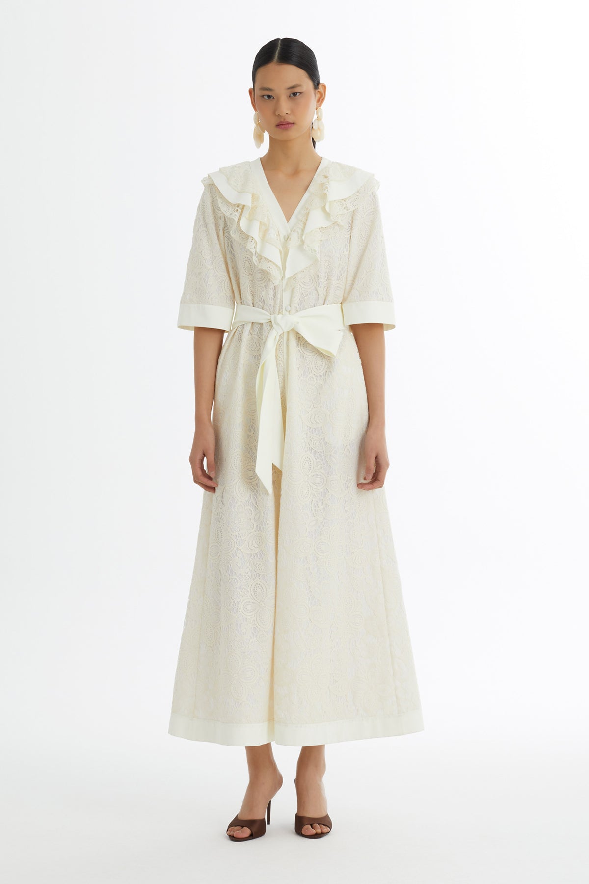 Ecru Ruffle Collar Patterned Dress