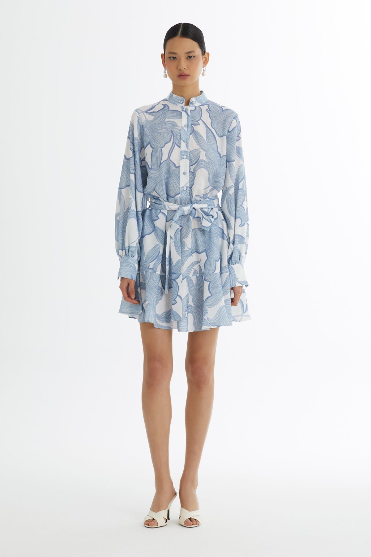 Blue Embroidered Ruffle Pattern Dress